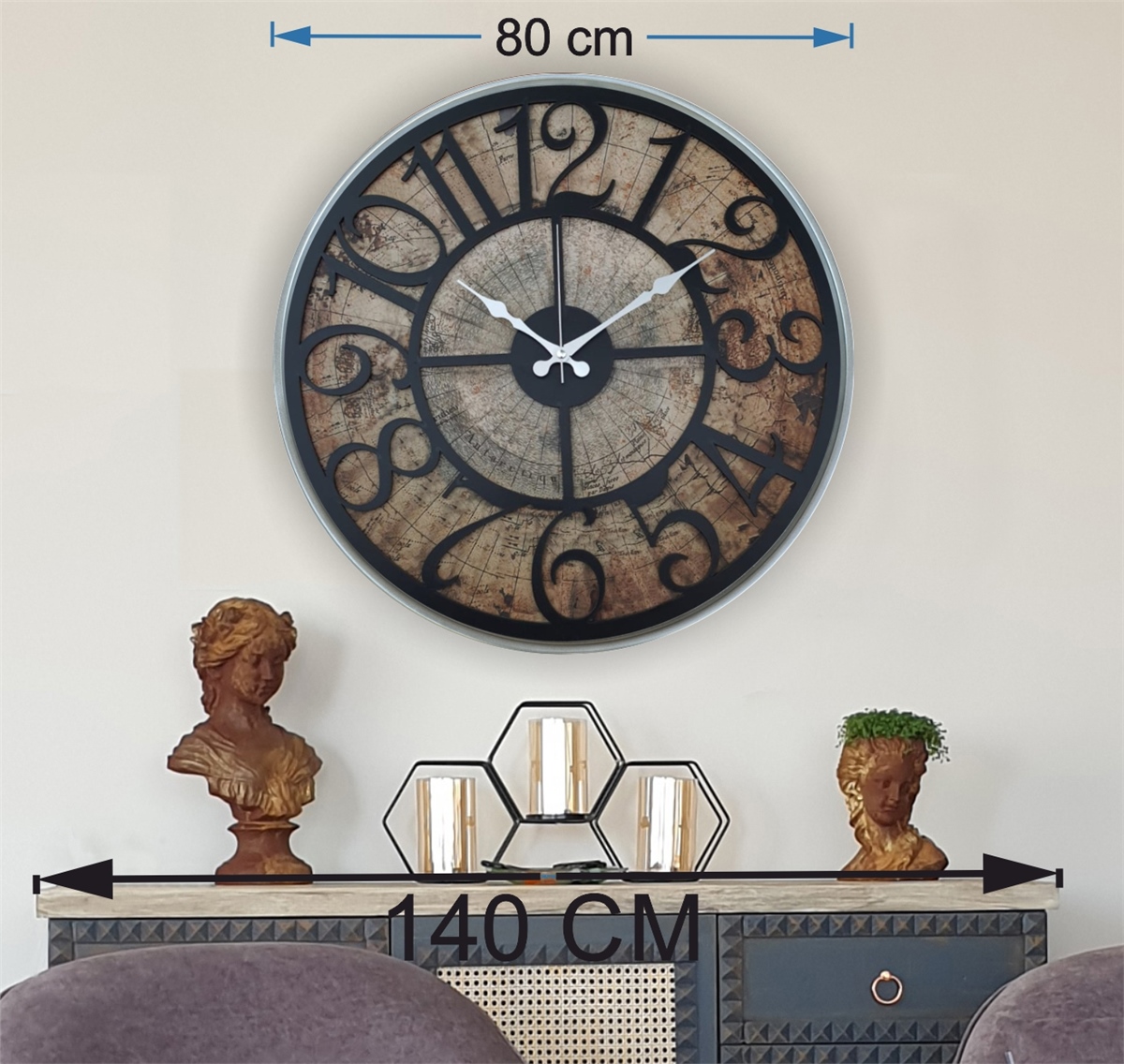 Markakanvas Gri Metal Kasalı Eski Dünya Haritalı Duvar Saati (Çap 50 cm - 80 cm )