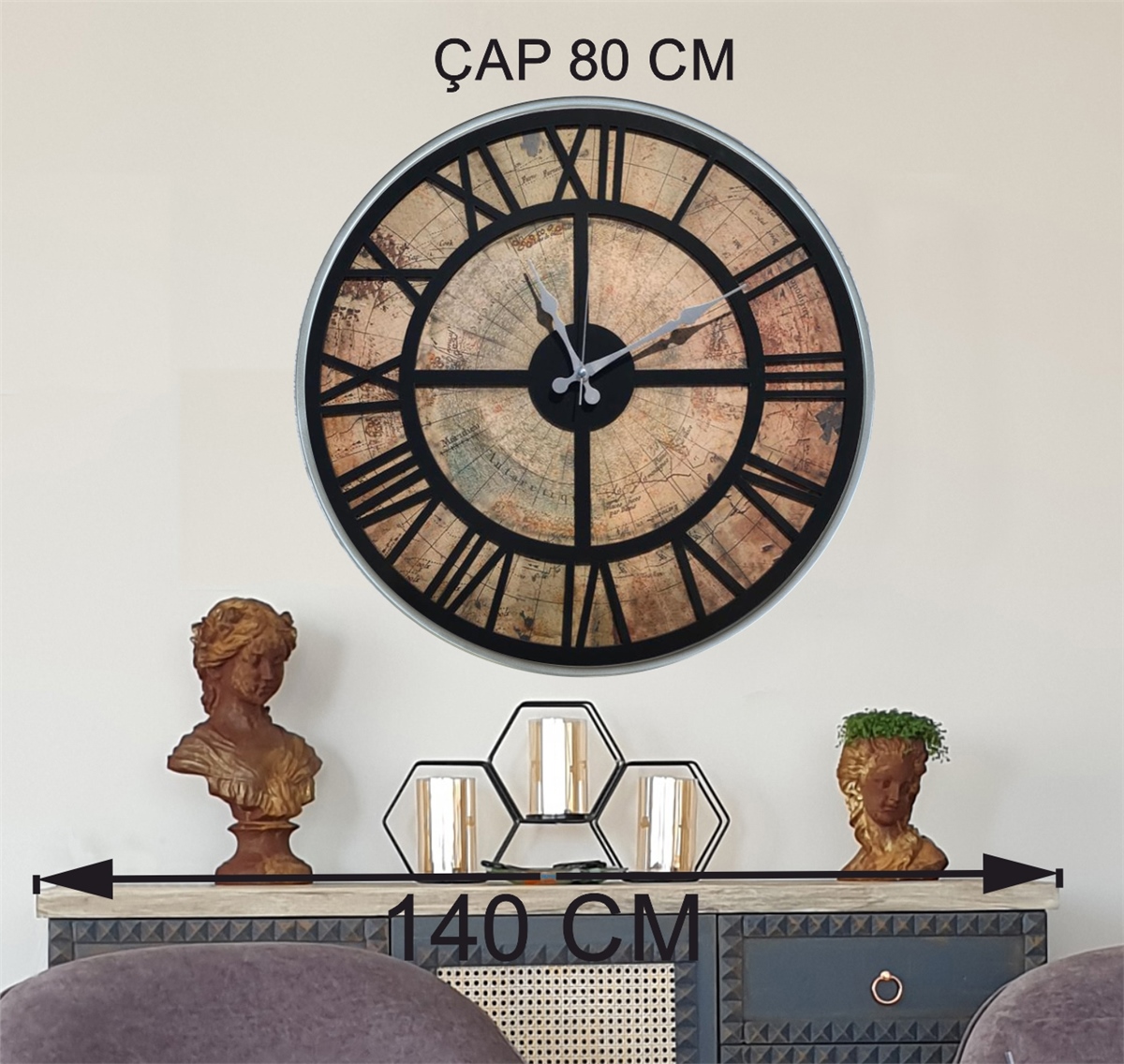 Markakanvas Gri Metal Kasalı Eski Dünya Haritalı Duvar Saati (Çap 50 cm - 80 cm )