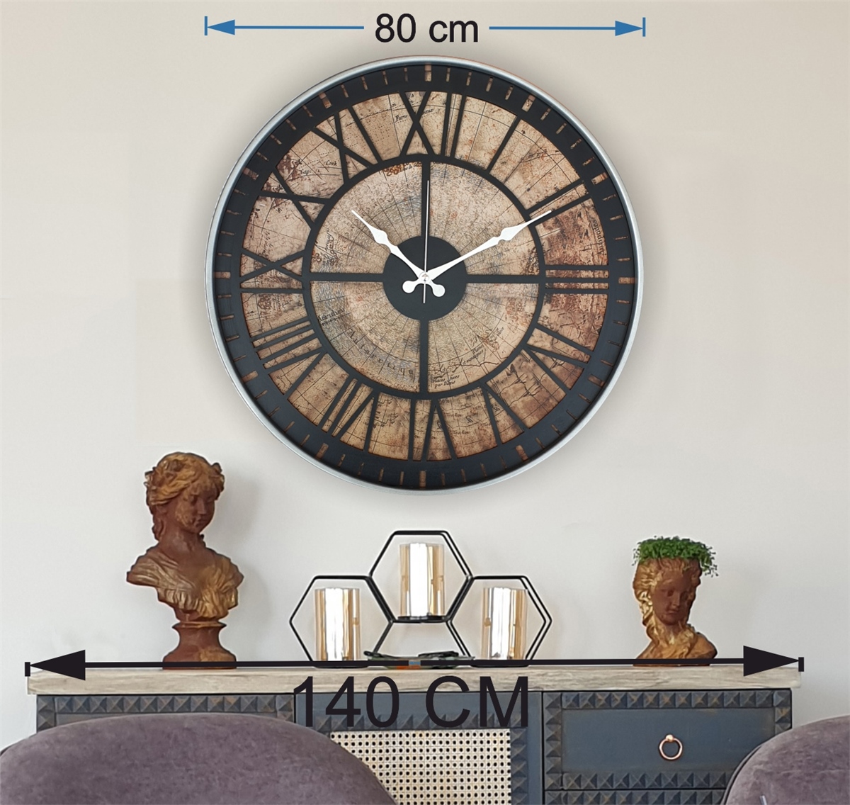 Markakanvas Gri Metal Kasalı Eski Dünya Haritalı Duvar Saati (Çap 50 cm - 80 cm )