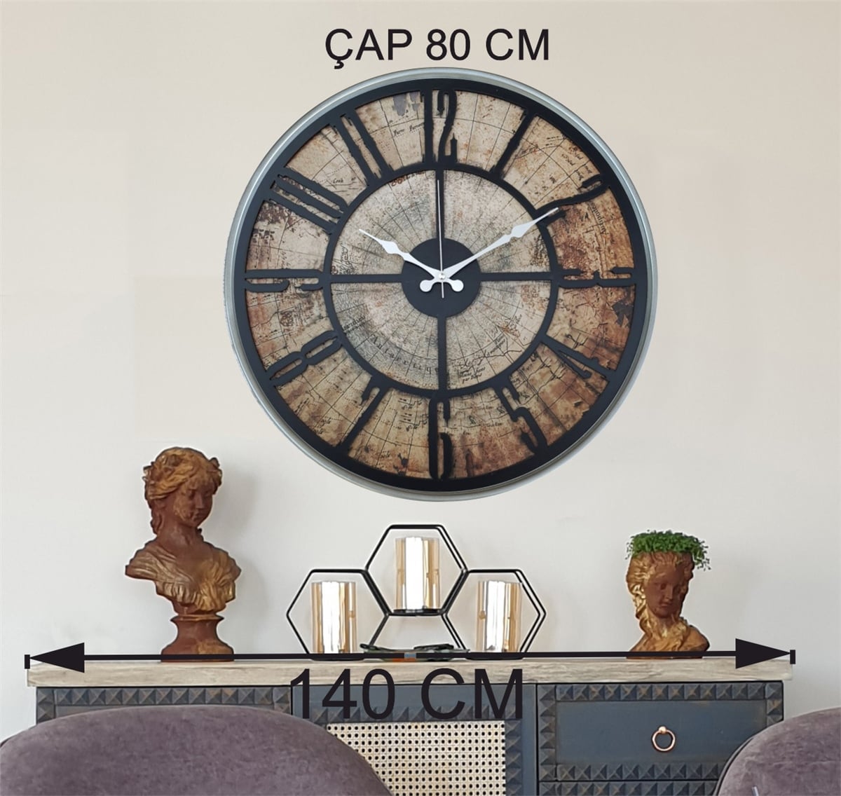 Markakanvas Gri Metal Kasalı Eski Dünya Haritalı Duvar Saati (Çap 50 cm - 80 cm )
