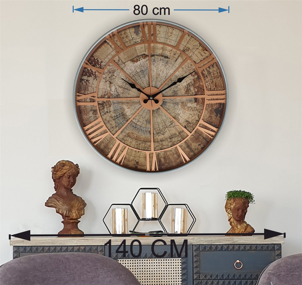 Markakanvas Gri Metal Kasalı Eski Dünya Haritalı Duvar Saati (Çap 50 cm - 80 cm )