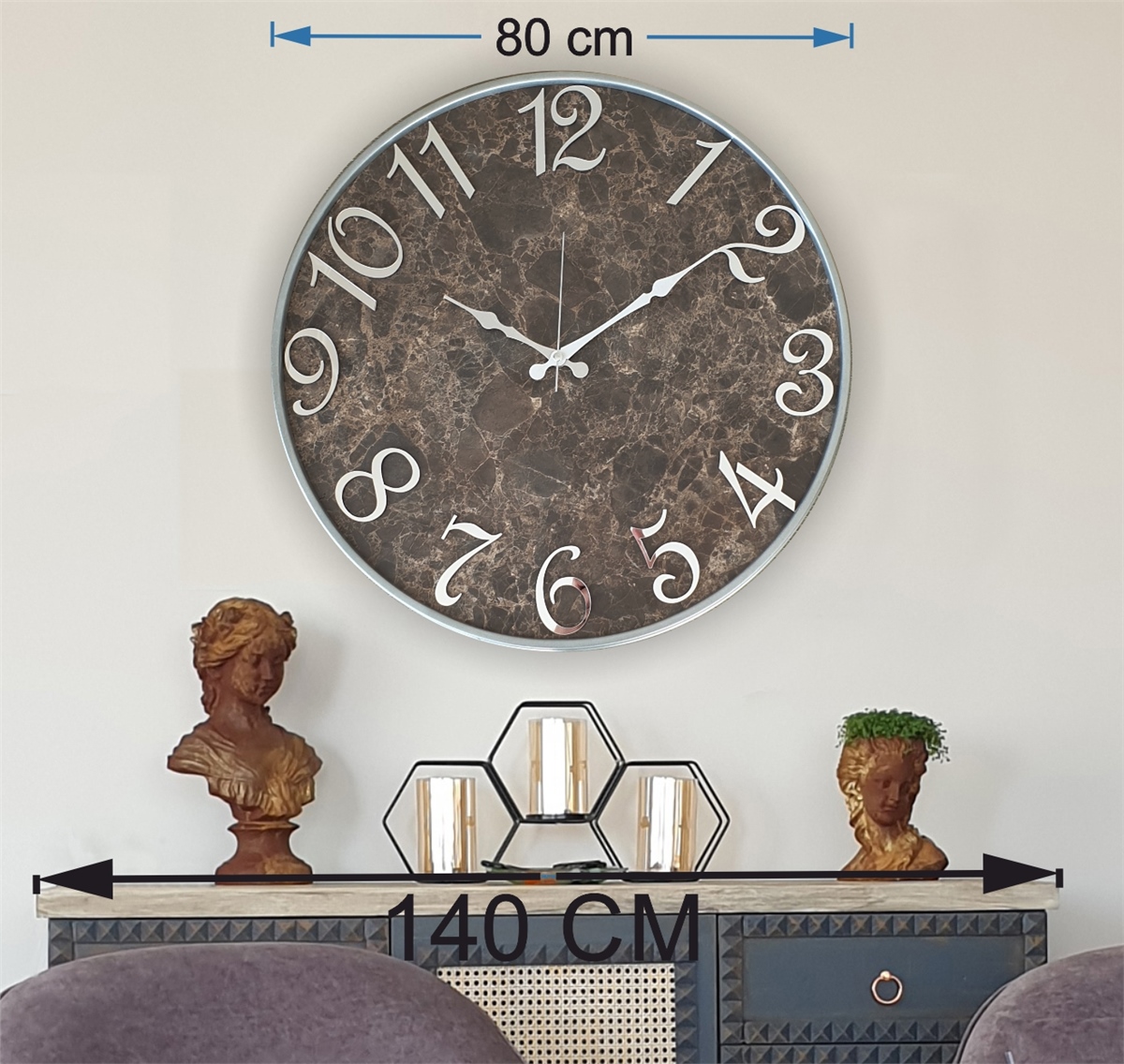 Markakanvas Gri Metal Kasalı Mermer Desenli Ayna Rakamlı Duvar Saati   ( Çap  50 cm - 80cm )