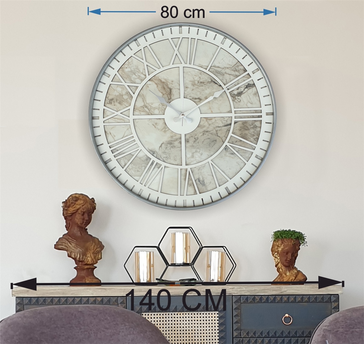 Markakanvas Gri Metal Kasalı Mermer Desenli  Duvar Saati  ( Çap 50 cm -Çap 80 cm )