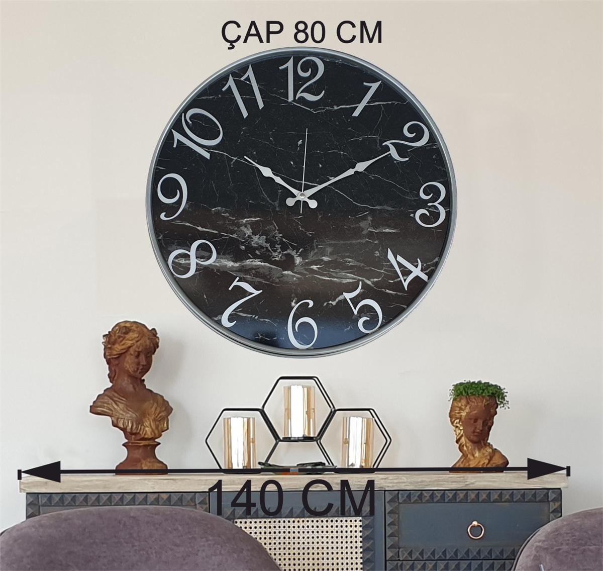 Markakanvas Gri Metal Kasalı Mermer Desenli  Duvar Saati   ( Çap  50 cm - 80cm )