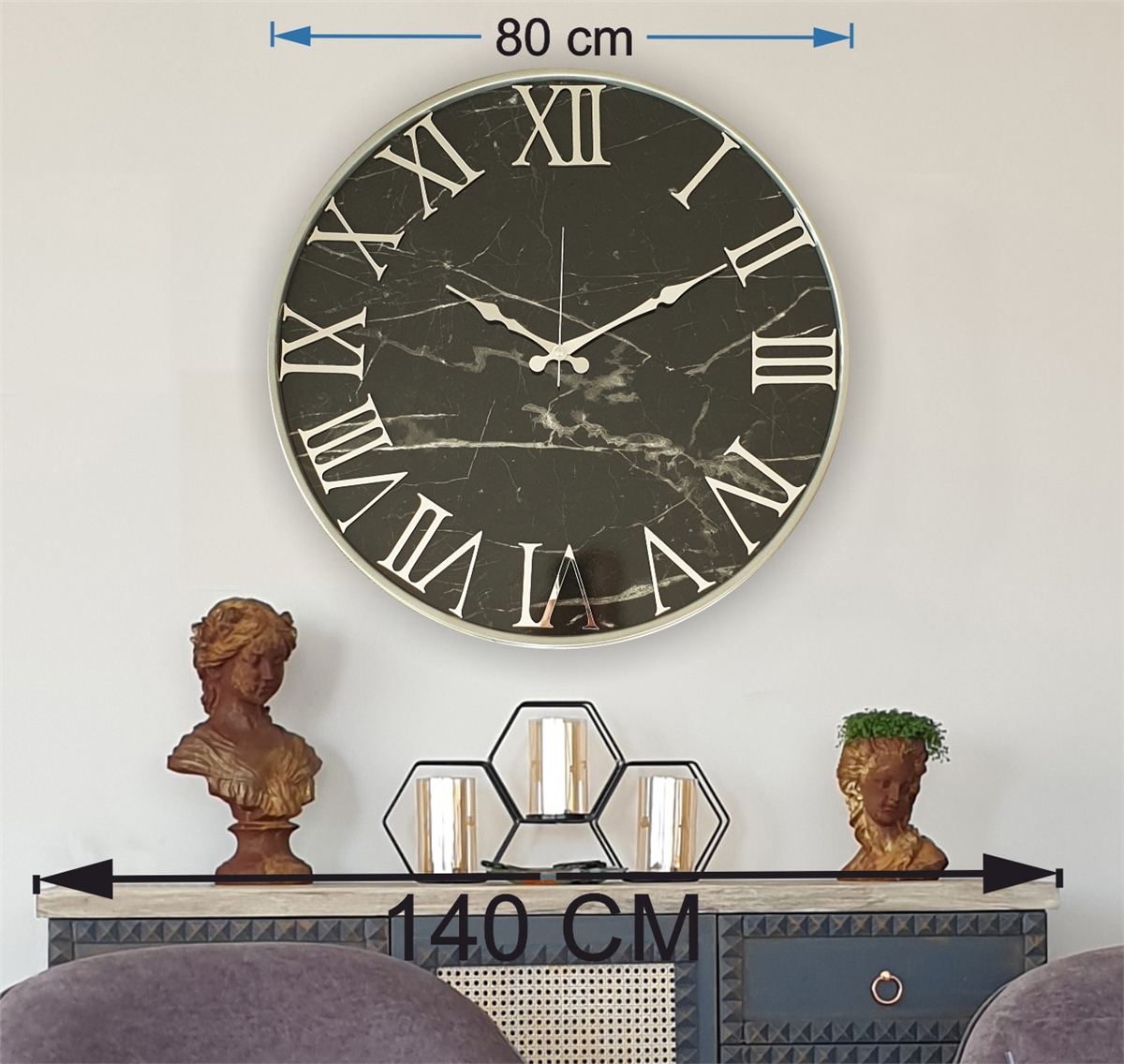 Markakanvas Gri Metal Kasalı Mermer Desenli Ayna Rakamlı Duvar Saati   ( Çap  50 cm - 80cm )