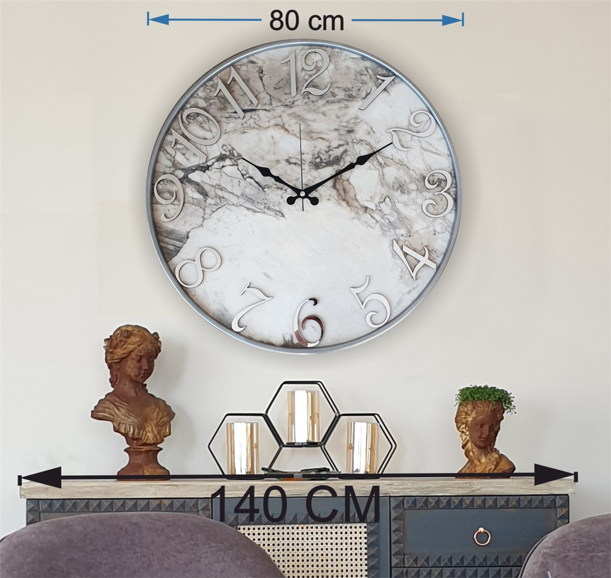 Markakanvas Gri Metal Kasalı Mermer Desenli Ayna Rakamlı Duvar Saati   ( Çap  50 cm - 80cm )