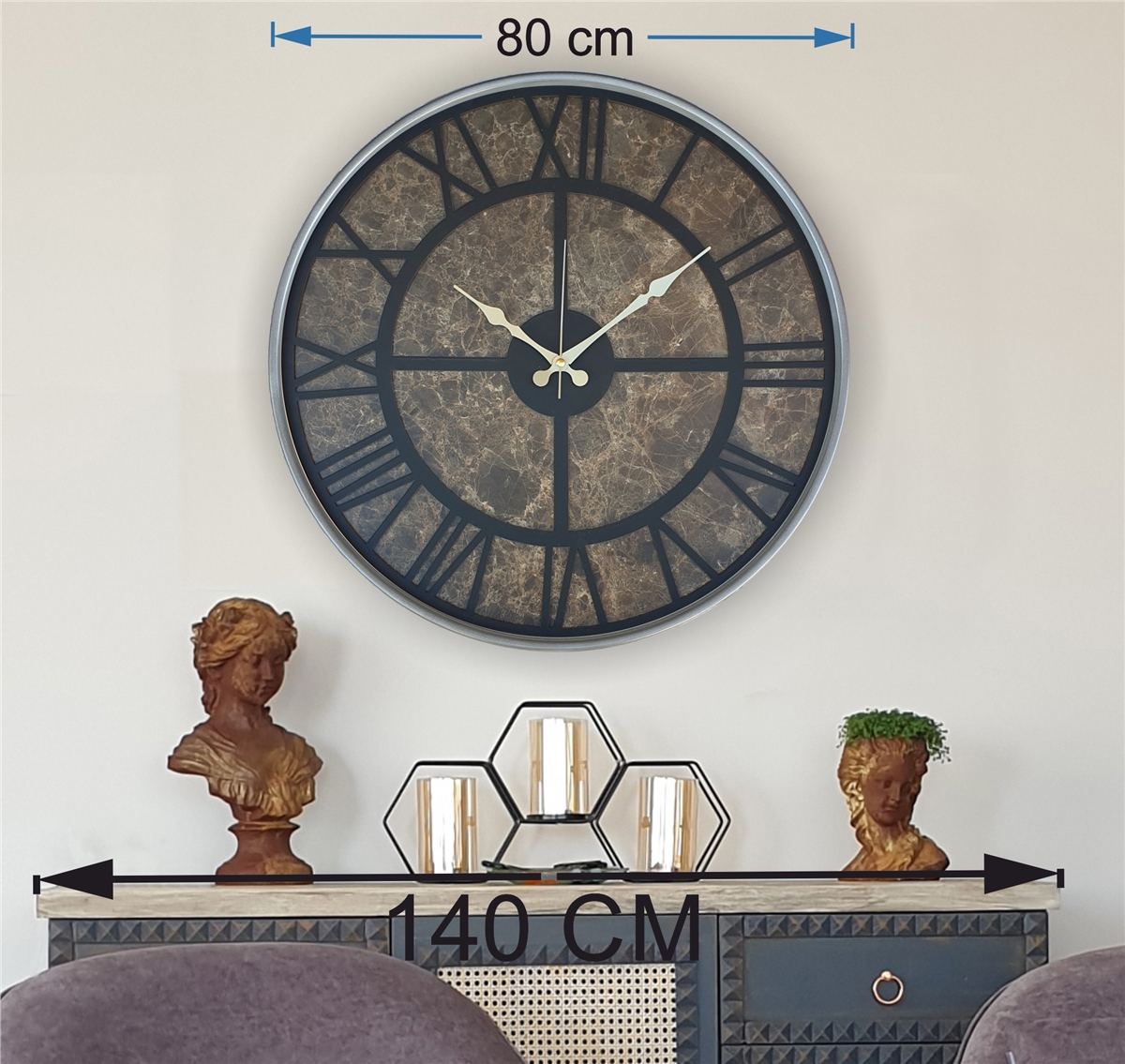 Markakanvas Gri Metal Kasalı Mermer Desenli Duvar Saati Çap 50 - 80 cm