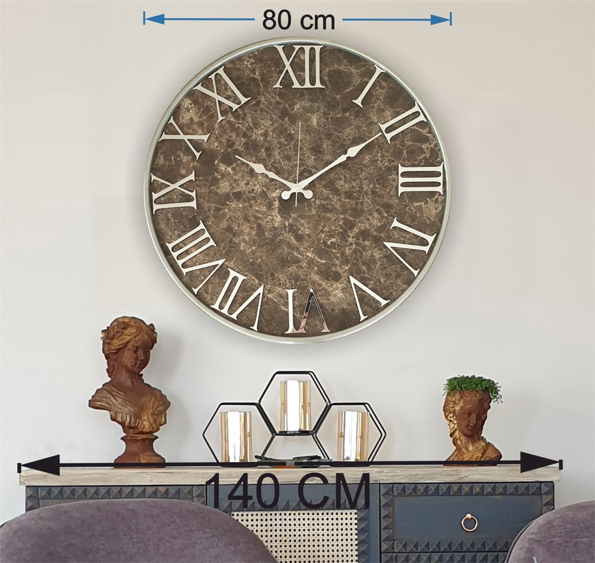 Markakanvas Gri Metal Kasalı Mermer Desenli Ayna Rakamlı Duvar Saati   ( Çap  50 cm - 80cm )
