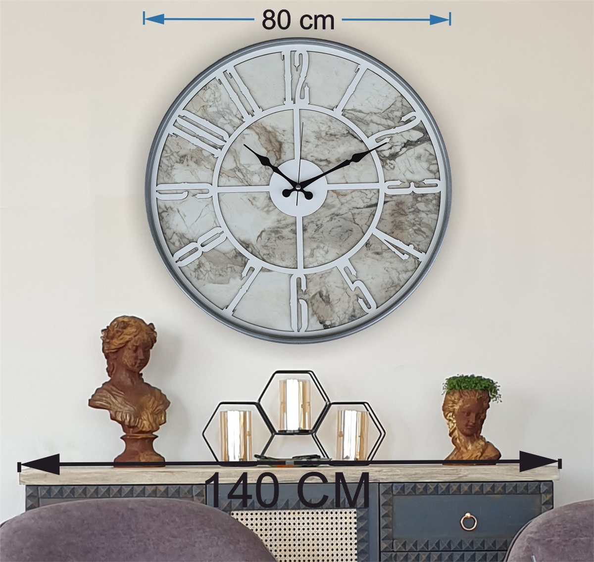 Markakanvas Gri Metal Kasalı Mermer Desenli  Duvar Saati  ( Çap 50 cm -Çap 80 cm )