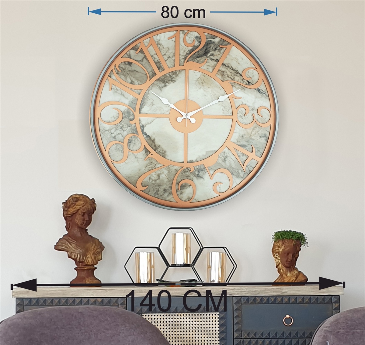 Markakanvas Gri Metal Kasalı Mermer Desenli  Duvar Saati  ( Çap 50 cm -Çap 80 cm )