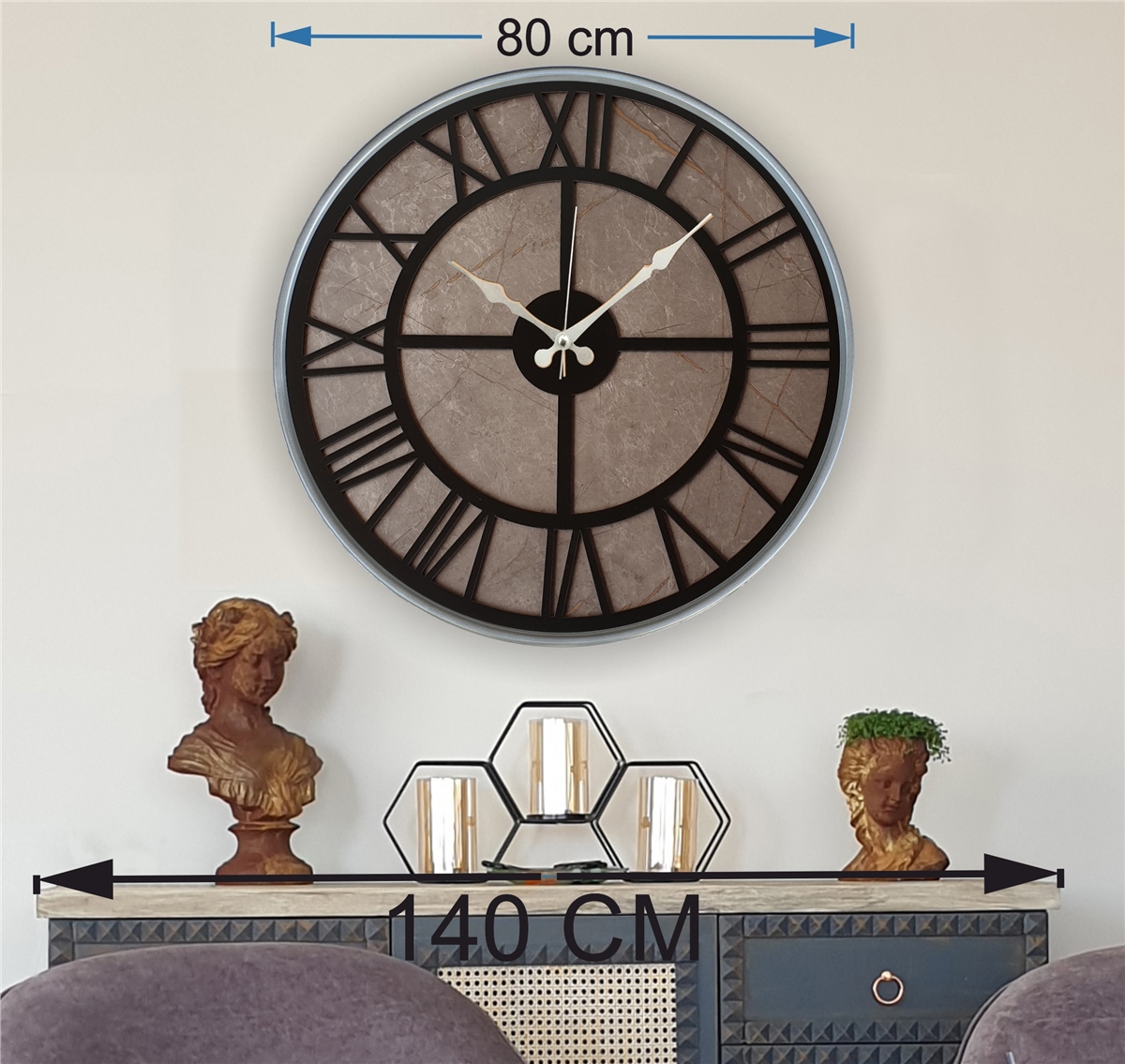 Markakanvas Gri Metal Kasalı Mermer Desenli Duvar Saati Çap 50 - 80 cm