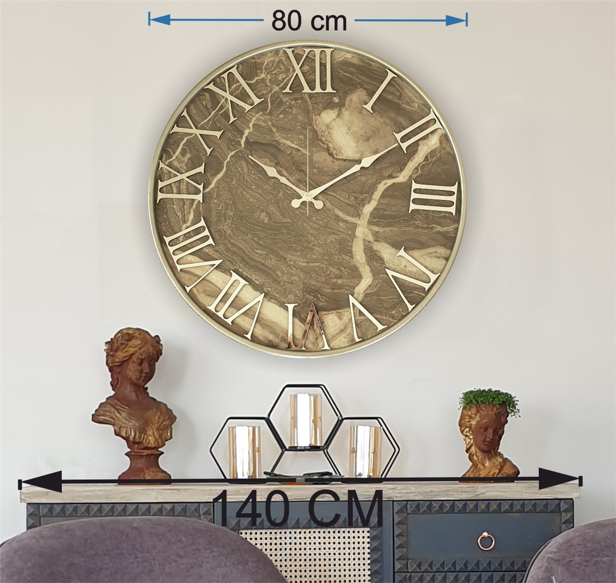 Markakanvas Gri Metal Kasalı Mermer Desenli Ayna Rakamlı Duvar Saati   ( Çap  50 cm - 80cm )
