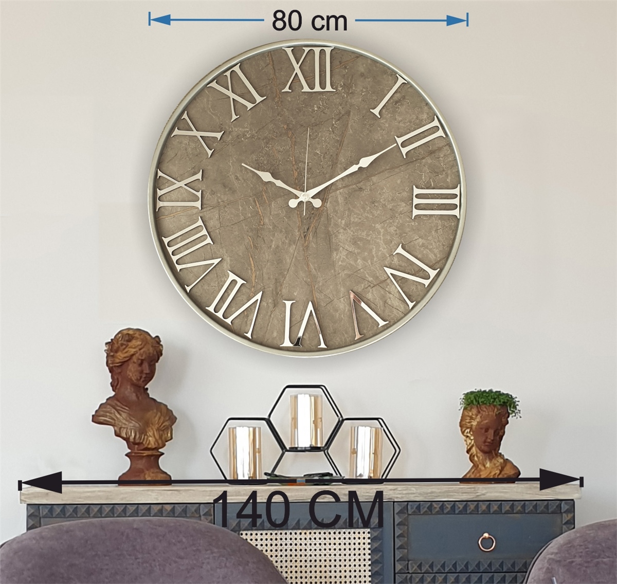 Markakanvas Gri Metal Kasalı Mermer Desenli Ayna Rakamlı Duvar Saati   ( Çap  50 cm - 80cm )