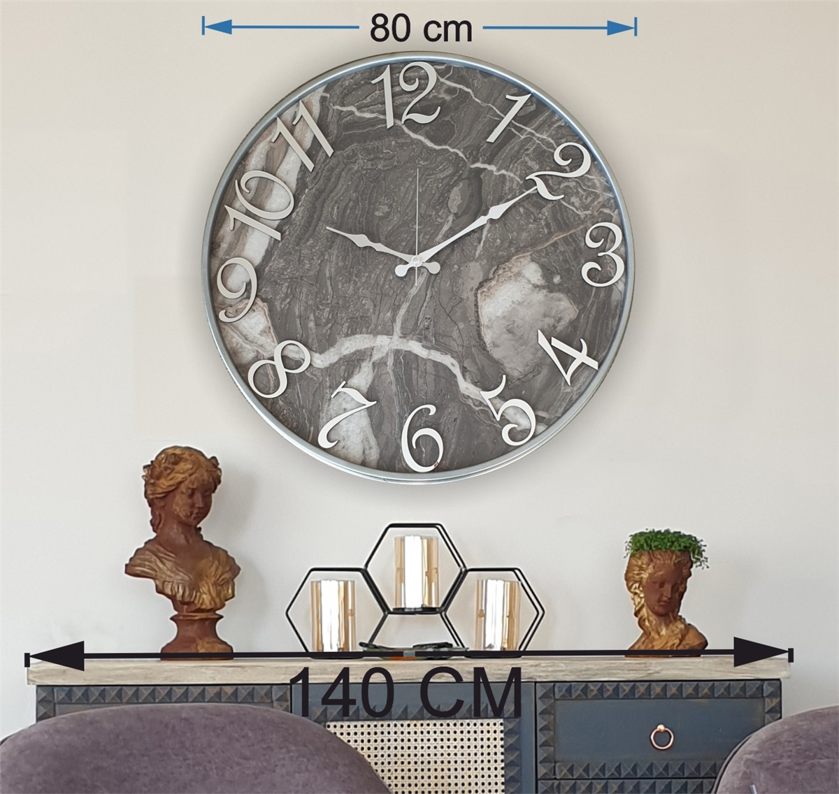 Markakanvas Gri Metal Kasalı Mermer Desenli Ayna Rakamlı Duvar Saati   ( Çap  50 cm - 80cm )