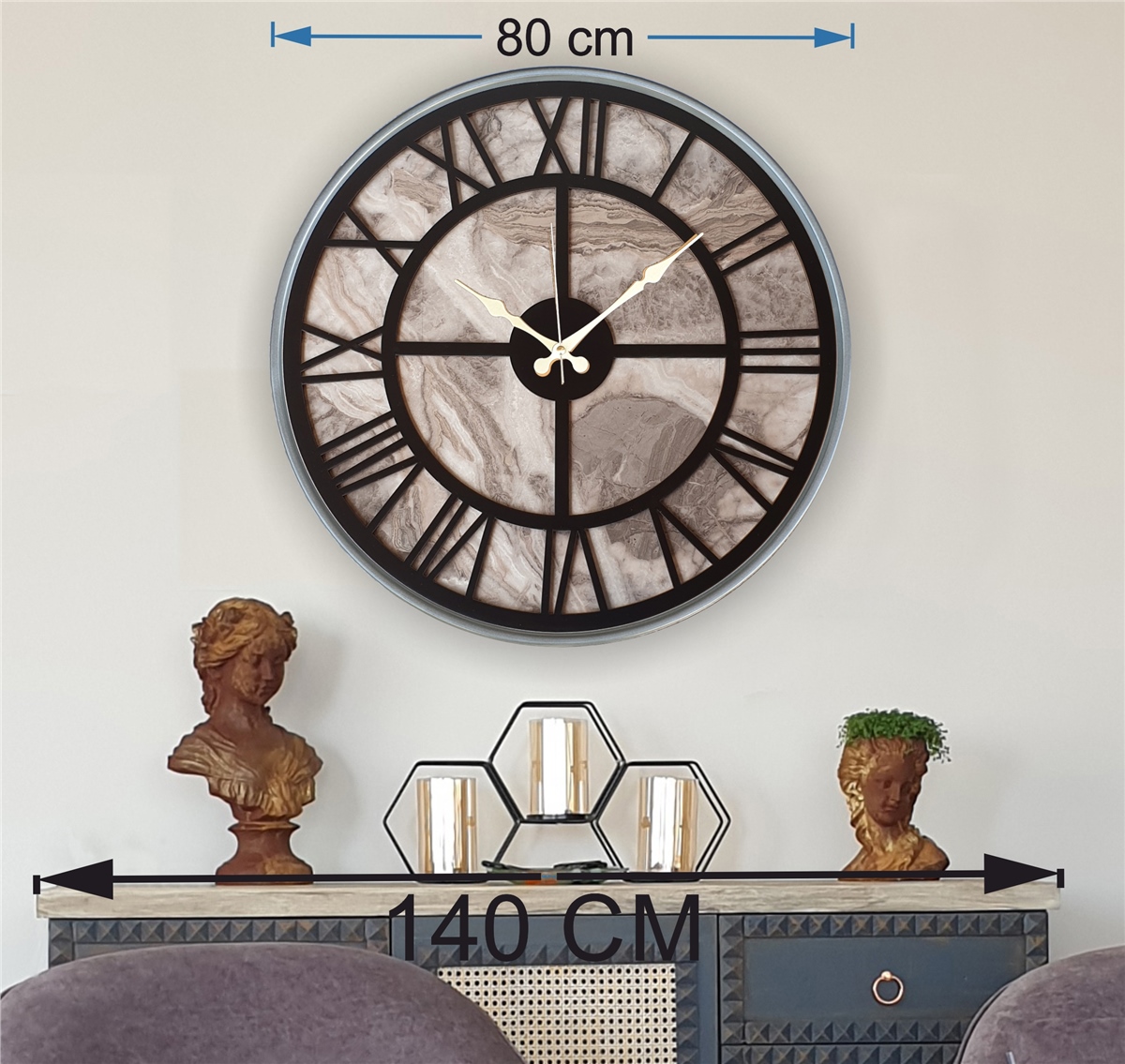 Markakanvas Gri Metal Kasalı Mermer Desenli Duvar Saati Çap 50 - 80 cm