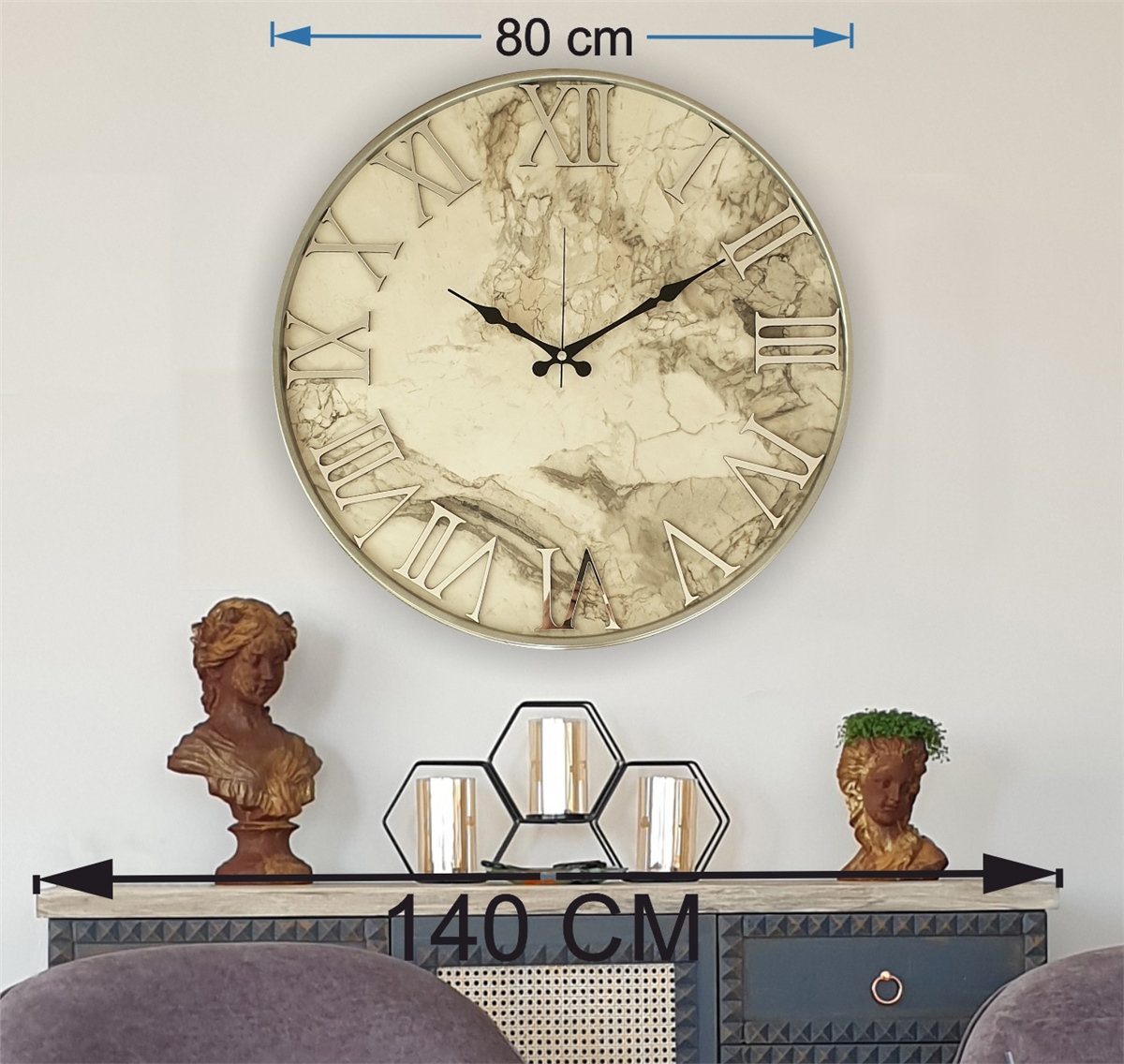 Markakanvas Gri Metal Kasalı Mermer Desenli Ayna Rakamlı Duvar Saati   ( Çap  50 cm - 80cm )