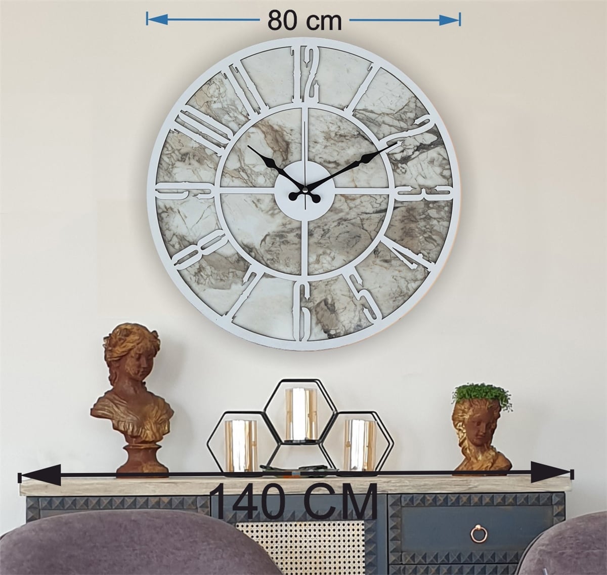 Markakanvas Mermer Desenli  Duvar Saati  Çap 50 cm-Çap 80 cm