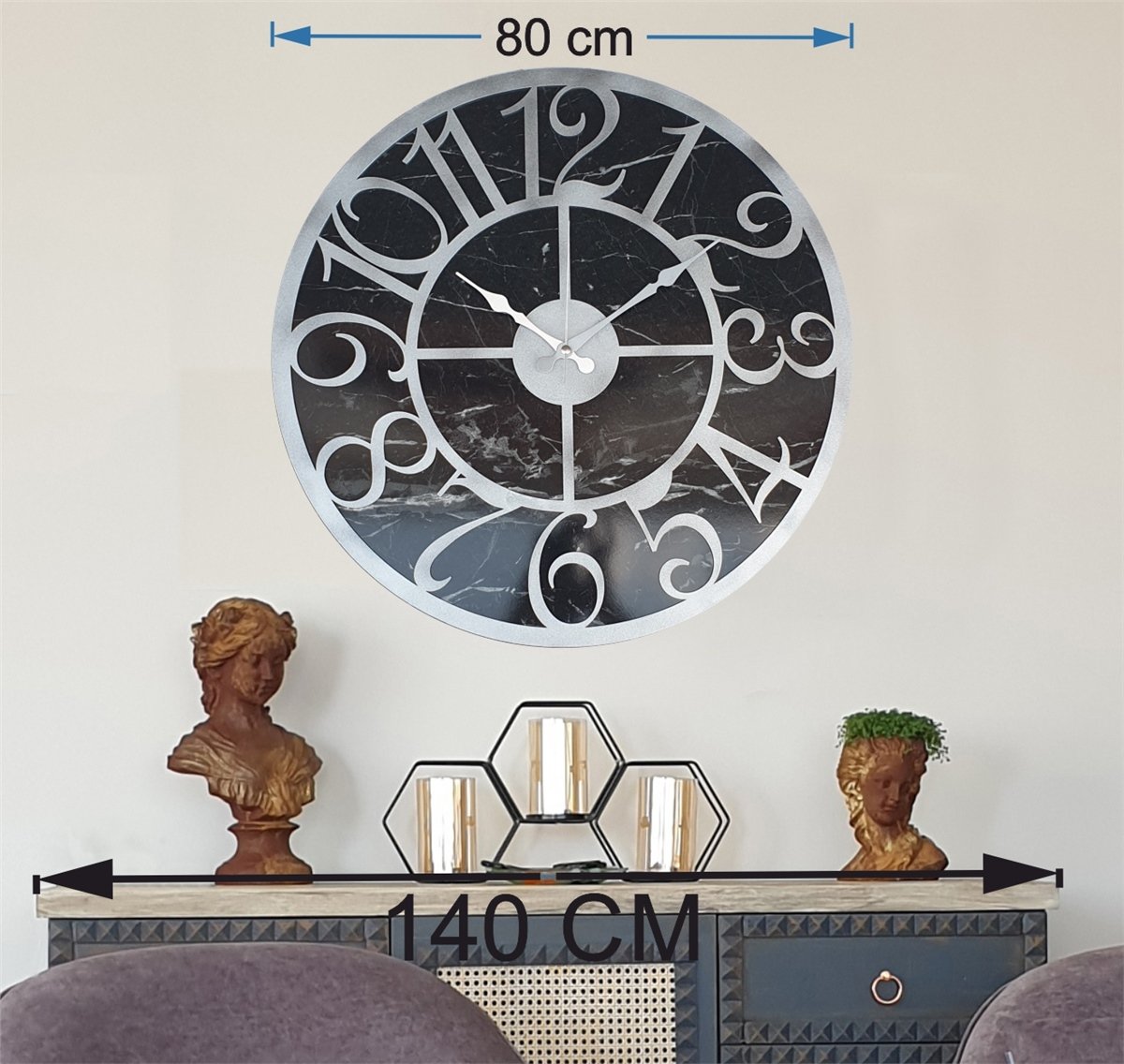Markakanvas Mermer Desenli  Duvar Saati  Çap 50 cm-Çap 80 cm