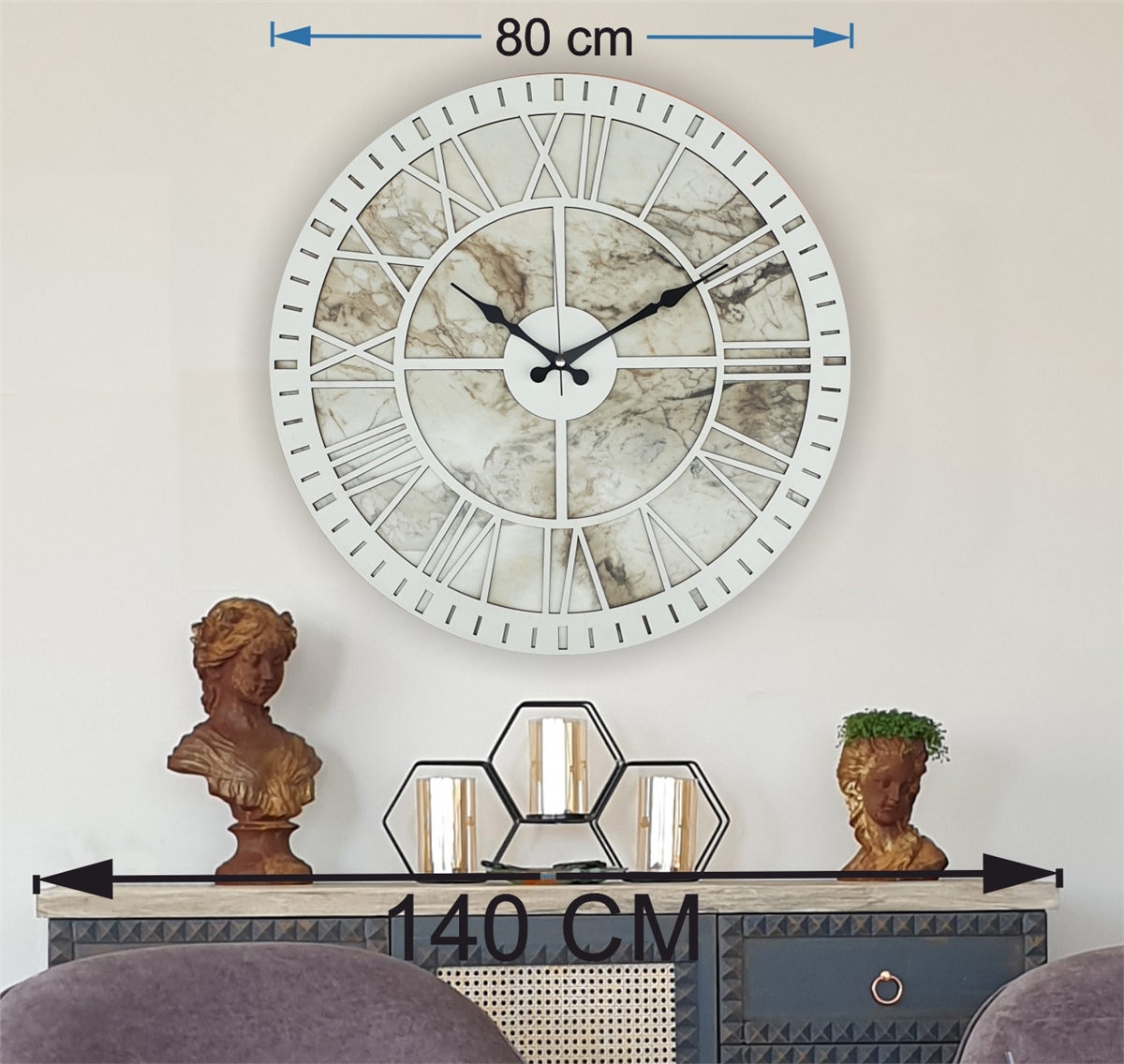 Markakanvas Mermer Desenli  Duvar Saati  Çap 50 cm-Çap 80 cm
