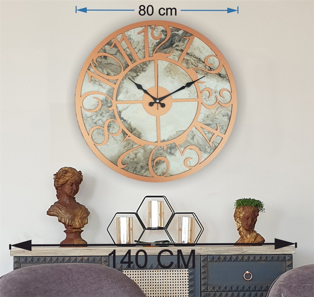 Markakanvas Mermer Desenli  Duvar Saati  Çap 50 cm-Çap 80 cm