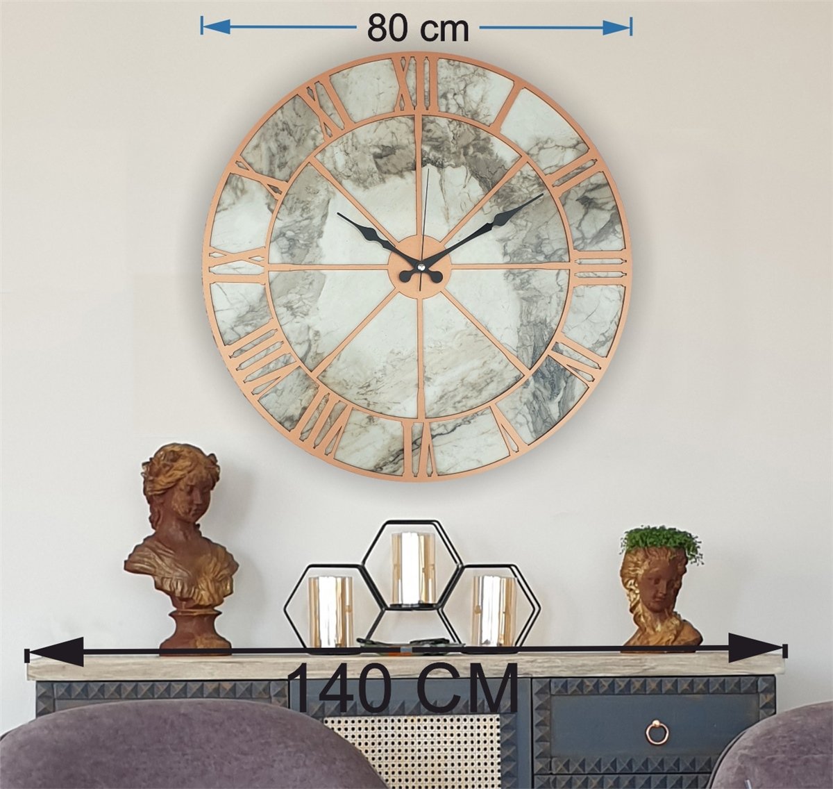 Markakanvas Mermer Desenli  Duvar Saati  Çap 50 cm-Çap 80 cm
