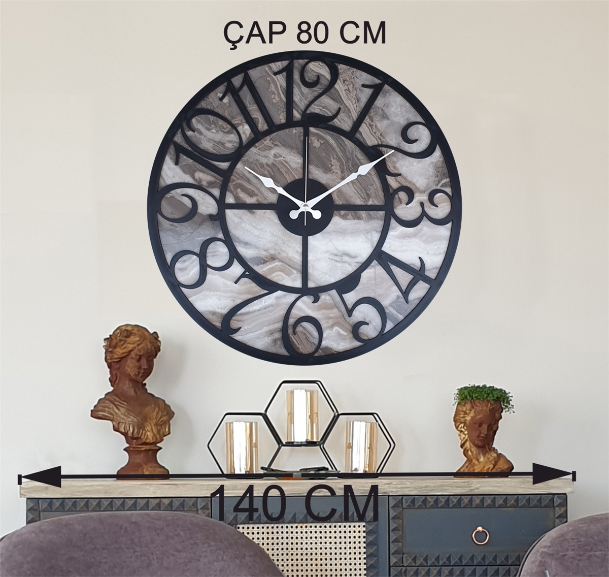 Markakanvas Mermer Desenli  Duvar Saati  Çap 50 cm-Çap 80 cm