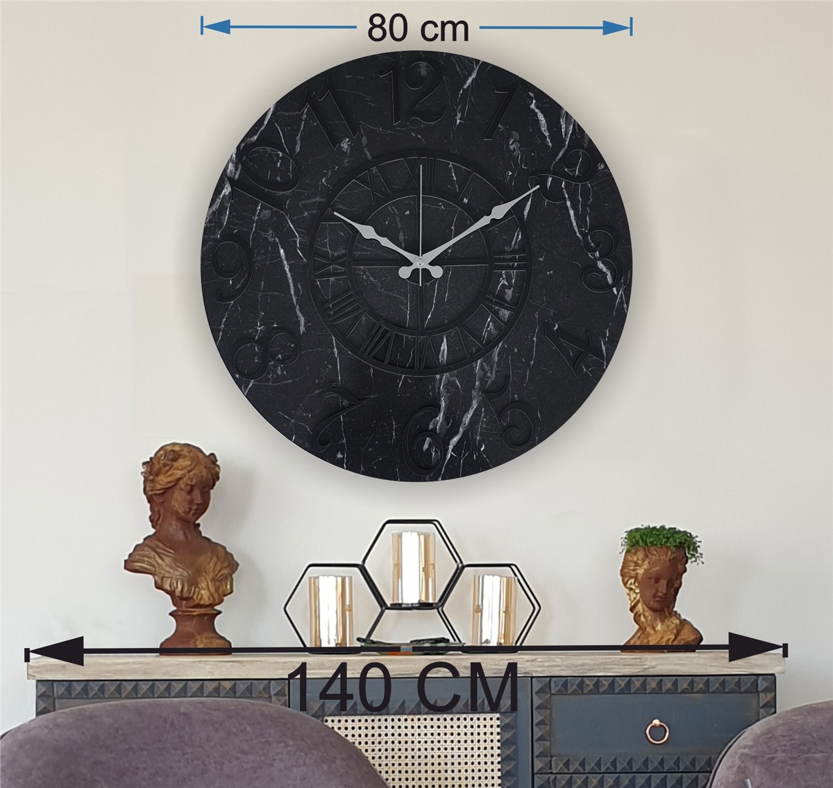 Markakanvas  Mermer Desenli Duvar Saati Çap 38 cm - Çap 50 cm - Çap 80 cm