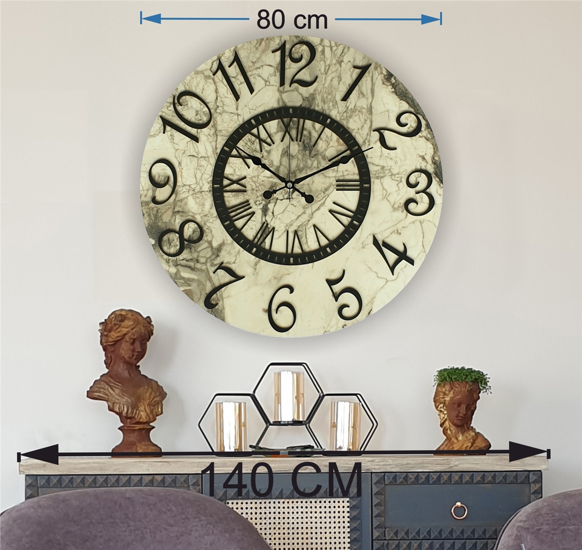 Markakanvas  Mermer Desenli Duvar Saati Çap 38 cm - Çap 50 cm - Çap 80 cm