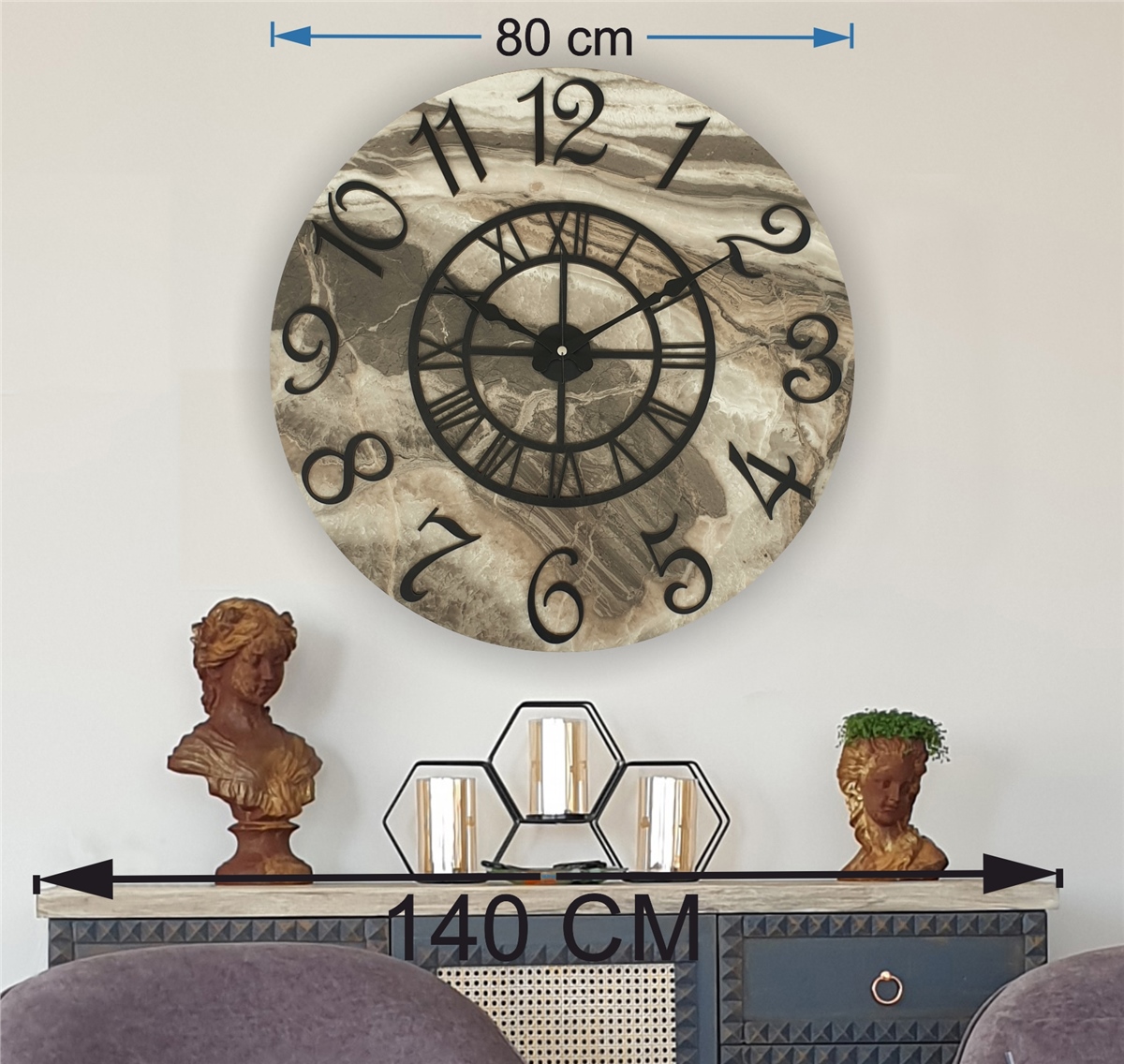 Markakanvas  Mermer Desenli Duvar Saati Çap 38 cm - Çap 50 cm - Çap 80 cm