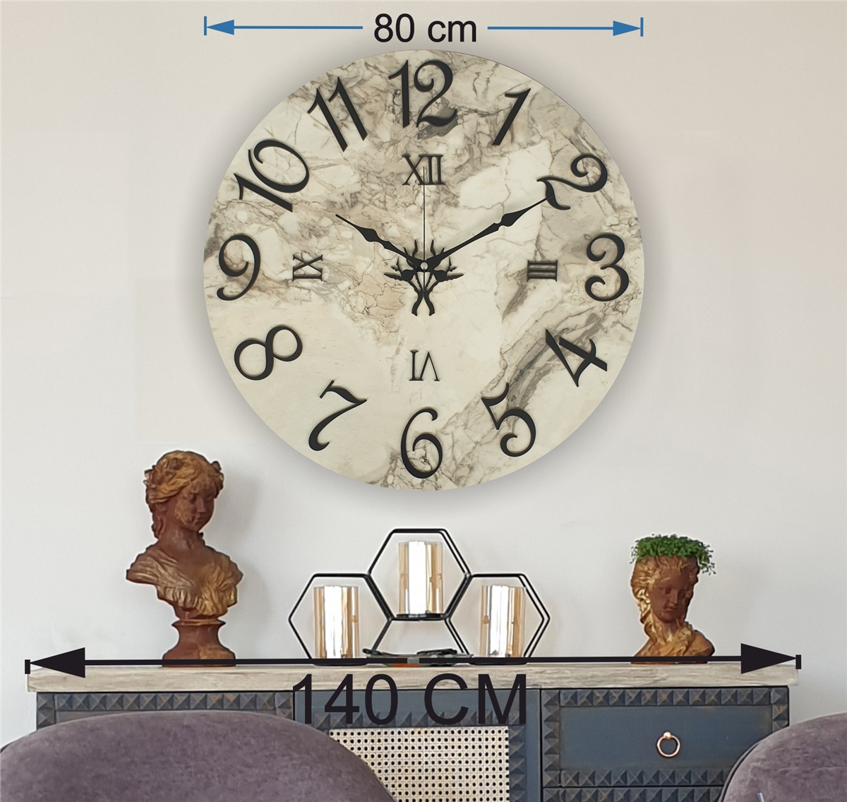 Markakanvas  Mermer Desenli Duvar Saati Çap 38 cm - Çap 50 cm - Çap 80 cm