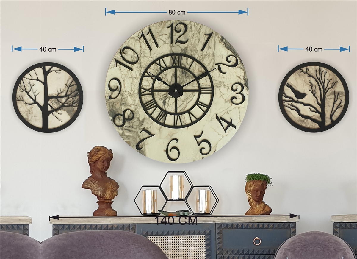 Markakanvas Mermer Desenli Duvar Saati ile Daldaki Kuş ve Hayat Ağacı Tablo
