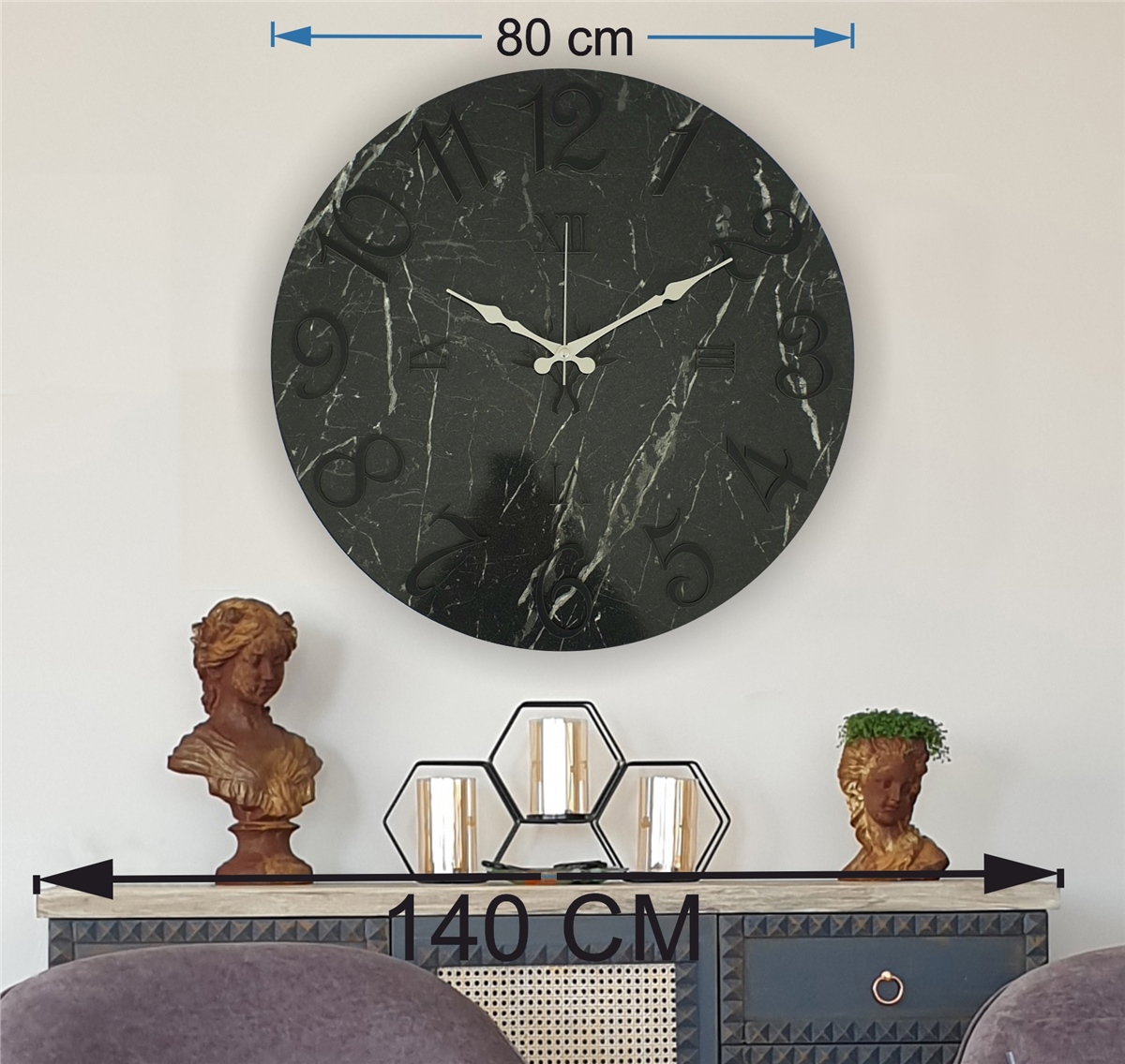 Markakanvas  Mermer Desenli Duvar Saati Çap 38 cm - Çap 50 cm - Çap 80 cm
