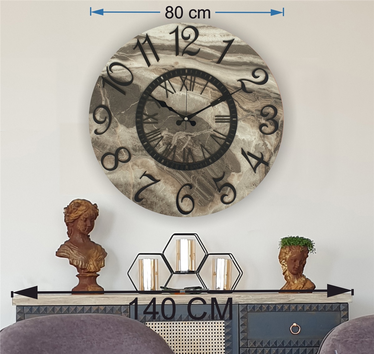 Markakanvas  Mermer Desenli Duvar Saati Çap 38 cm - Çap 50 cm - Çap 80 cm