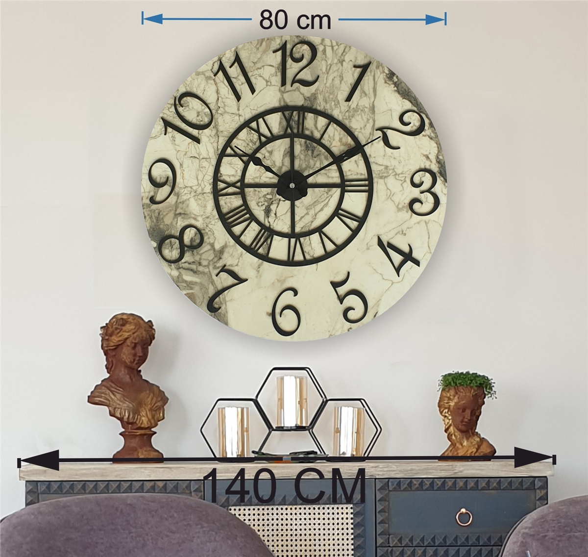 Markakanvas  Mermer Desenli Duvar Saati Çap 38 cm - Çap 50 cm - Çap 80 cm