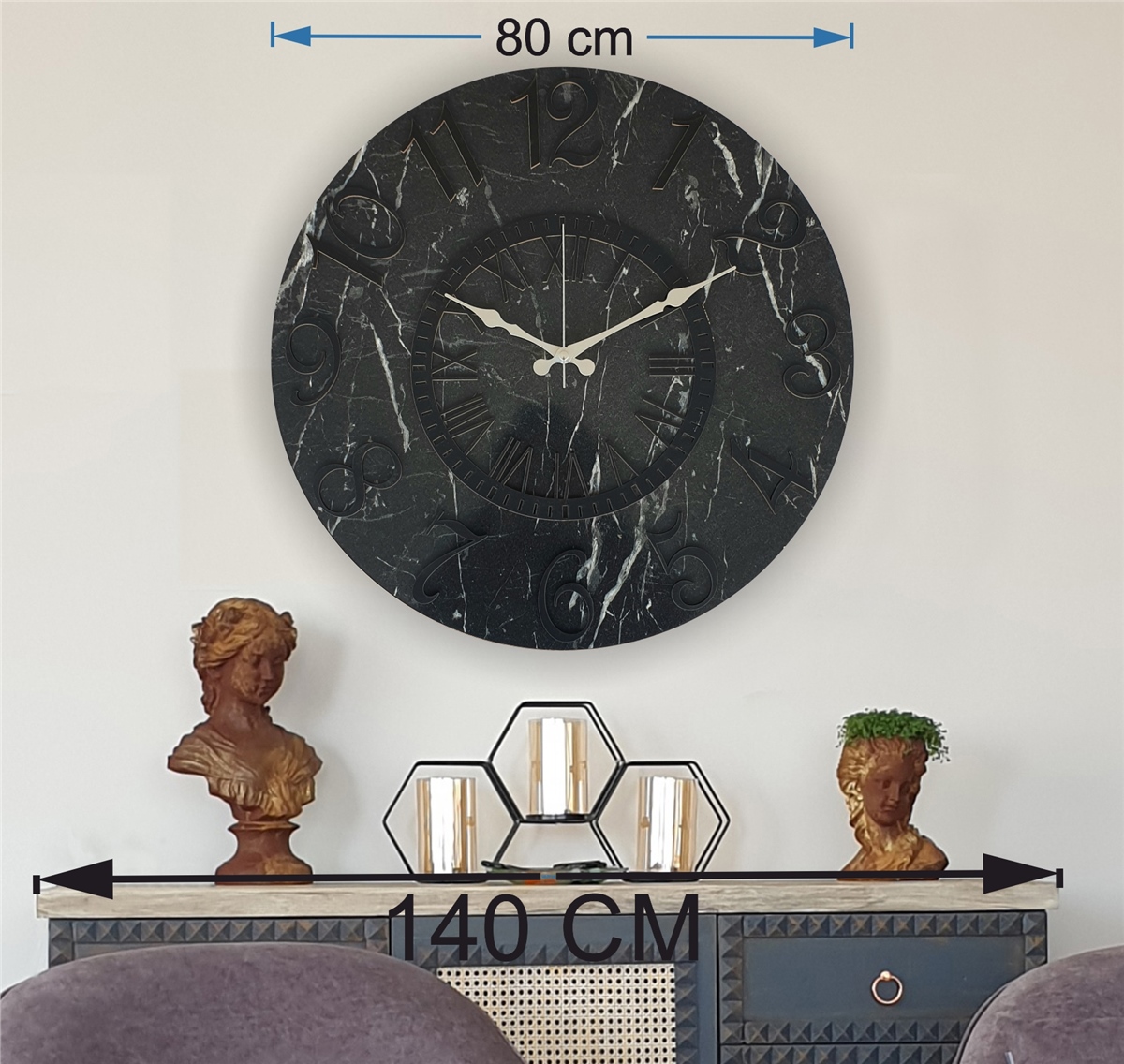 Markakanvas  Mermer Desenli Duvar Saati Çap 38 cm - Çap 50 cm - Çap 80 cm