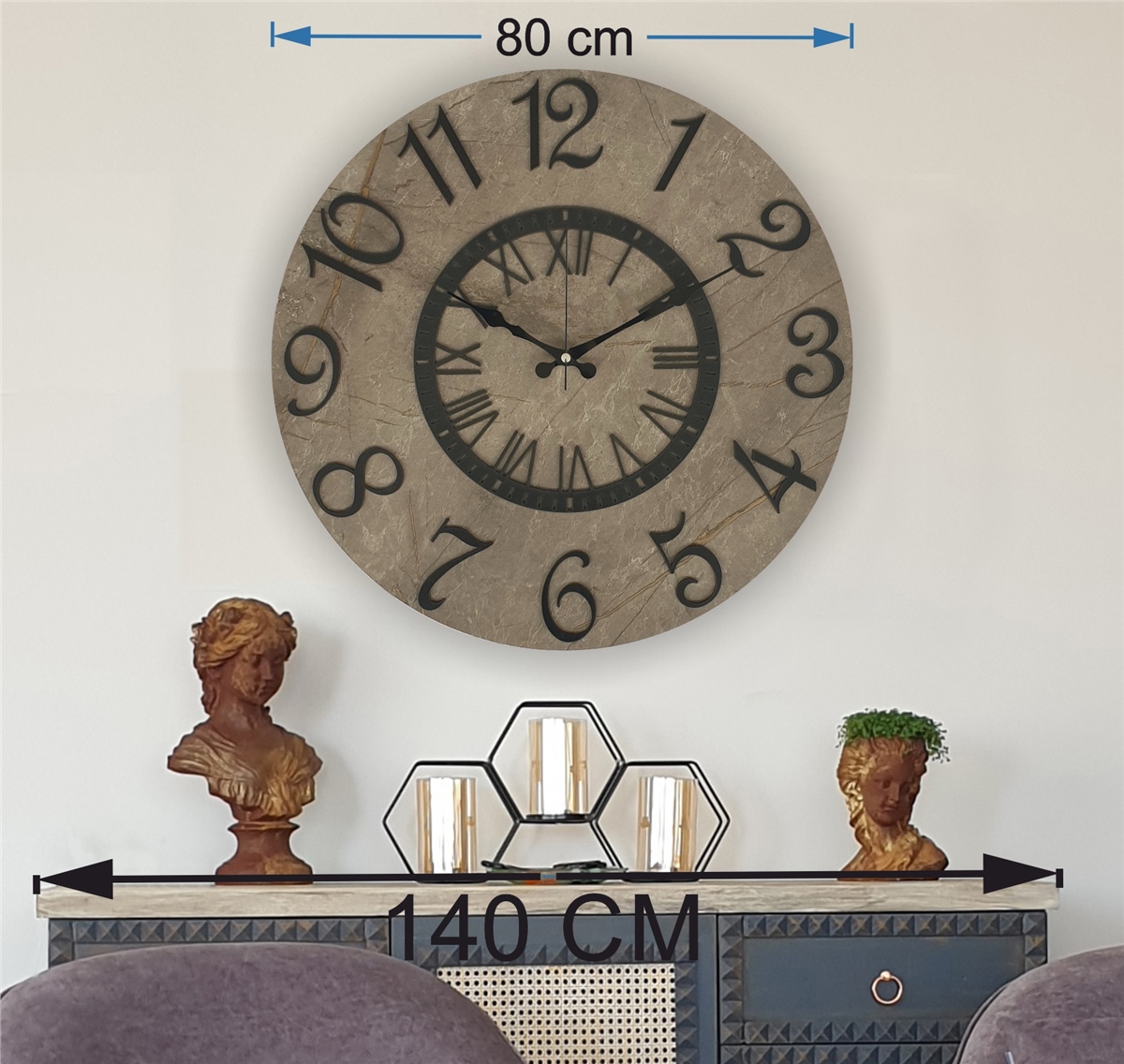Markakanvas  Mermer Desenli Duvar Saati Çap 38 cm - Çap 50 cm - Çap 80 cm