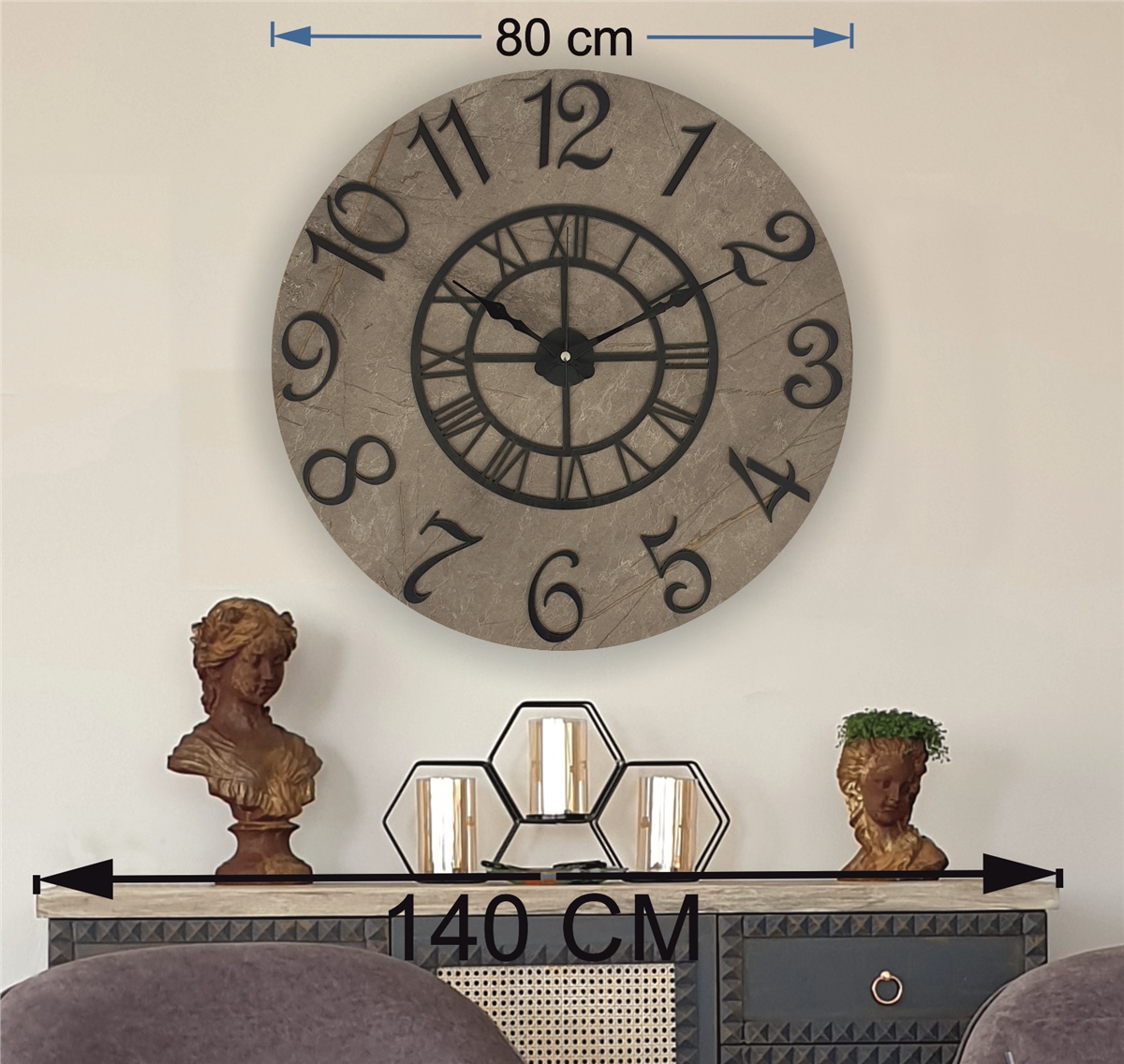 Markakanvas  Mermer Desenli Duvar Saati Çap 38 cm - Çap 50 cm - Çap 80 cm
