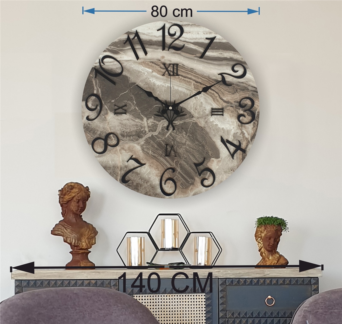 Markakanvas  Mermer Desenli Duvar Saati Çap 38 cm - Çap 50 cm - Çap 80 cm