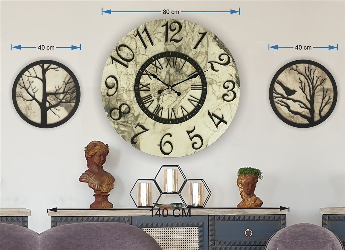 Markakanvas Mermer Desenli Duvar Saati ile Daldaki Kuş ve Hayat Ağacı Tablo