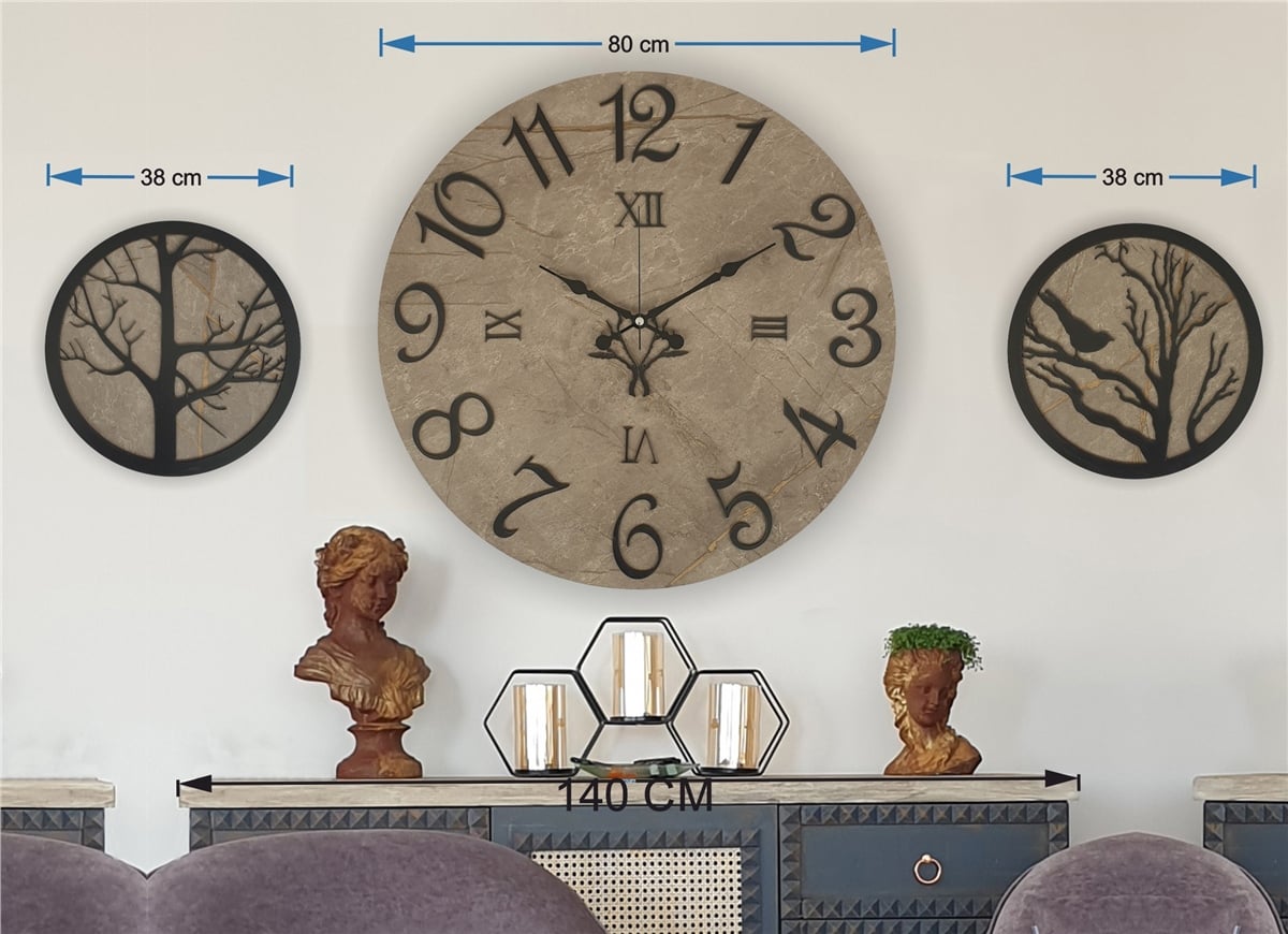 Markakanvas Mermer Desenli Duvar Saati ile Daldaki Kuş ve Hayat Ağacı Tablo