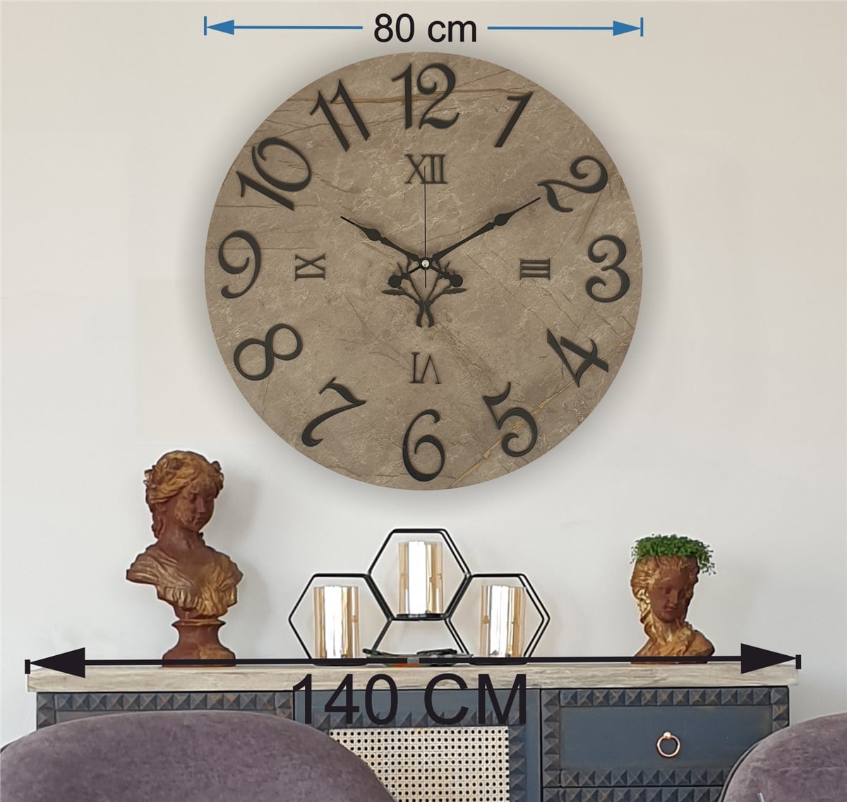 Markakanvas  Mermer Desenli Duvar Saati Çap 38 cm - Çap 50 cm - Çap 80 cm