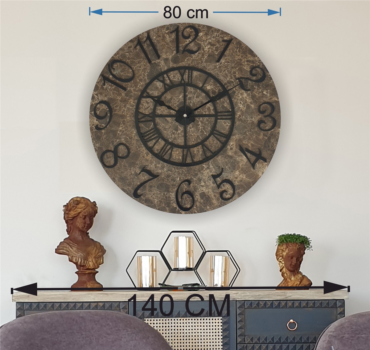 Markakanvas  Mermer Desenli Duvar Saati Çap 38 cm - Çap 50 cm - Çap 80 cm