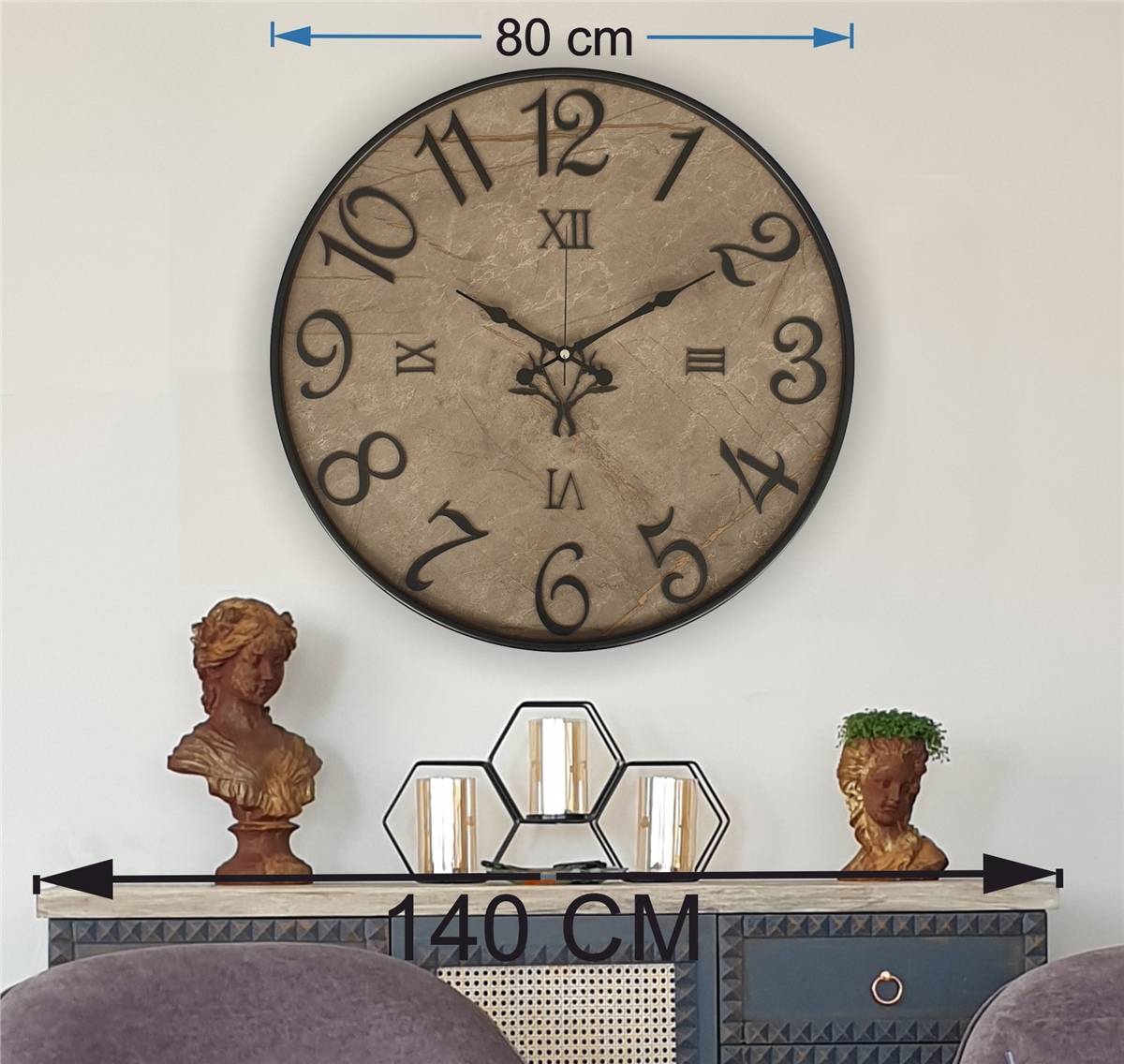 Markakanvas Metal Kasalı Mermer Desenli  Duvar Saati Çap 40 cm - Çap 50 cm - Çap 80 cm