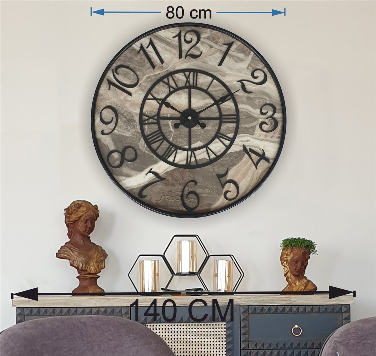 Markakanvas Metal Kasalı Mermer Desenli  Duvar Saati Çap 40 cm - Çap 50 cm - Çap 80 cm