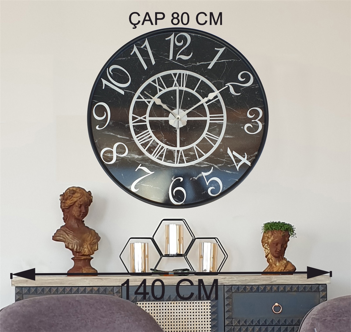 Markakanvas Metal Kasalı Mermer Desenli  Duvar Saati   ( Çap  50 cm - 80cm )