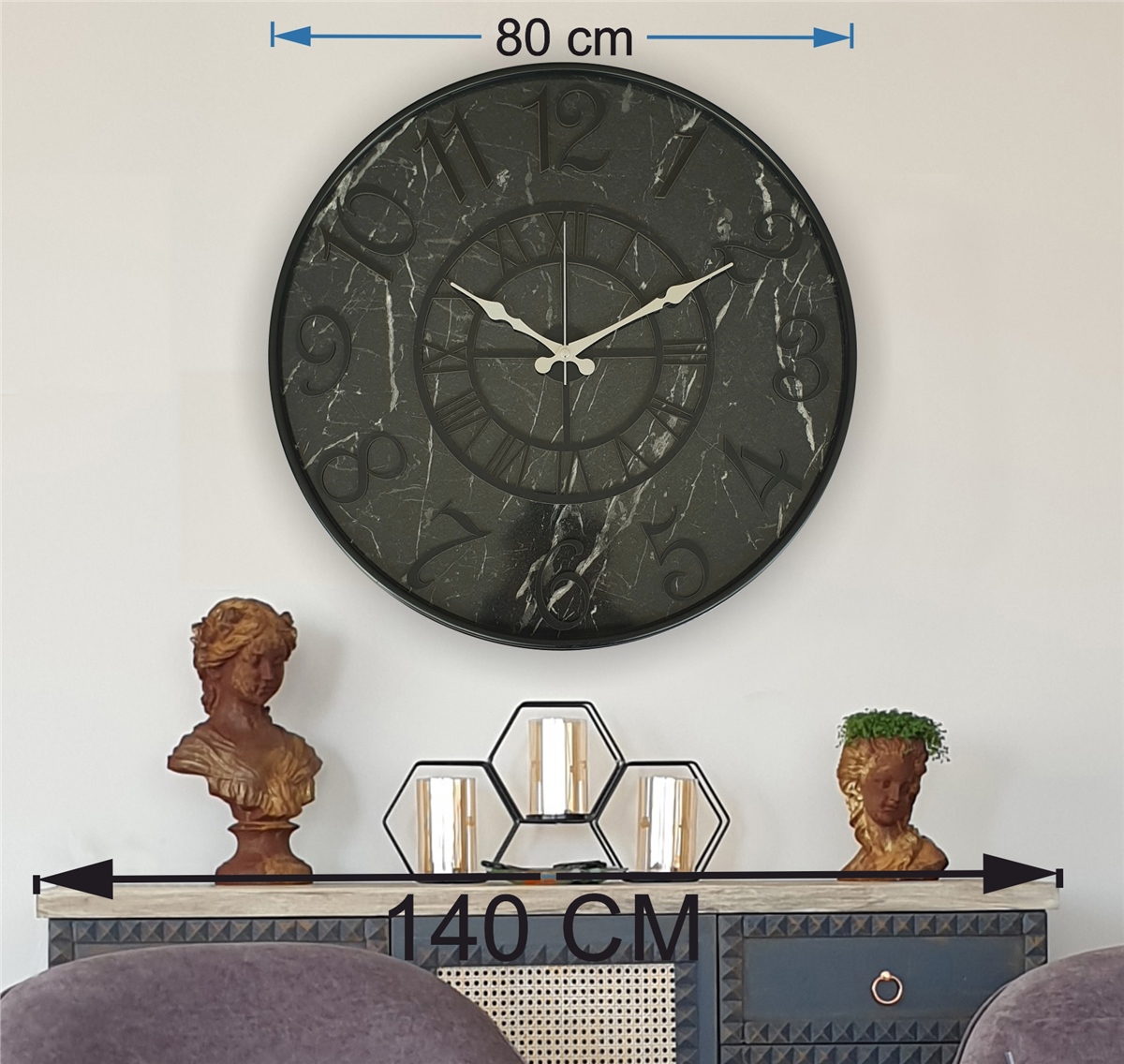 Markakanvas Metal Kasalı Mermer Desenli  Duvar Saati Çap 40 cm - Çap 50 cm - Çap 80 cm