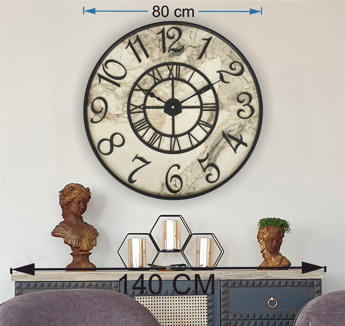 Markakanvas Metal Kasalı Mermer Desenli  Duvar Saati Çap 40 cm - Çap 50 cm - Çap 80 cm