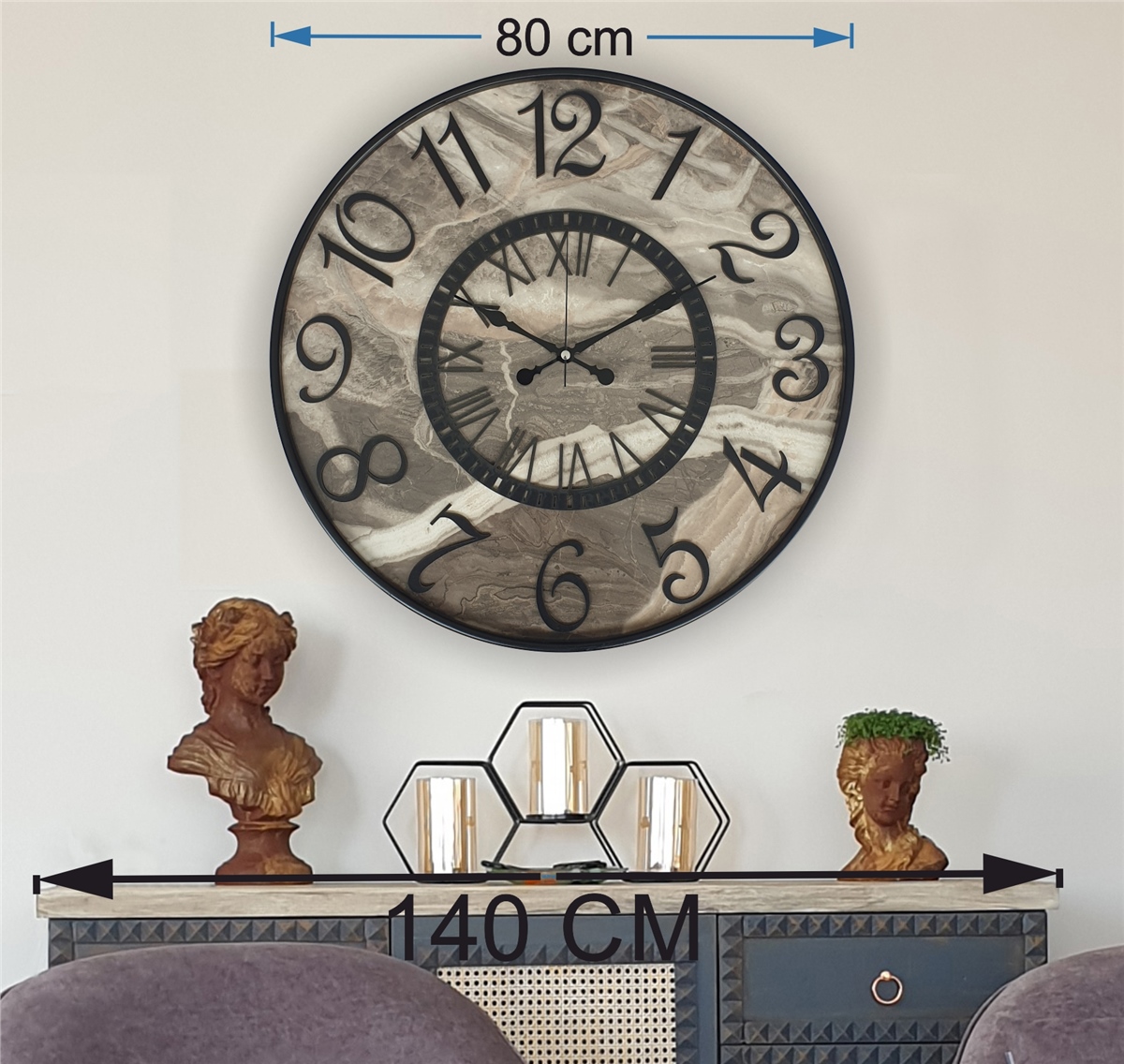 Markakanvas Metal Kasalı Mermer Desenli  Duvar Saati Çap 40 cm - Çap 50 cm - Çap 80 cm