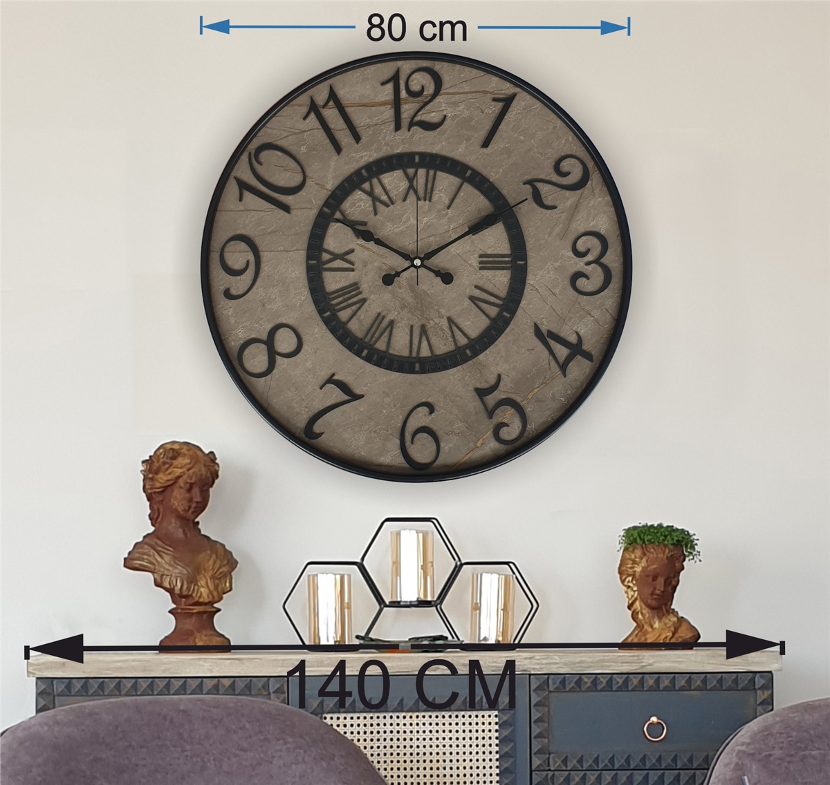 Markakanvas Metal Kasalı Mermer Desenli  Duvar Saati Çap 40 cm - Çap 50 cm - Çap 80 cm