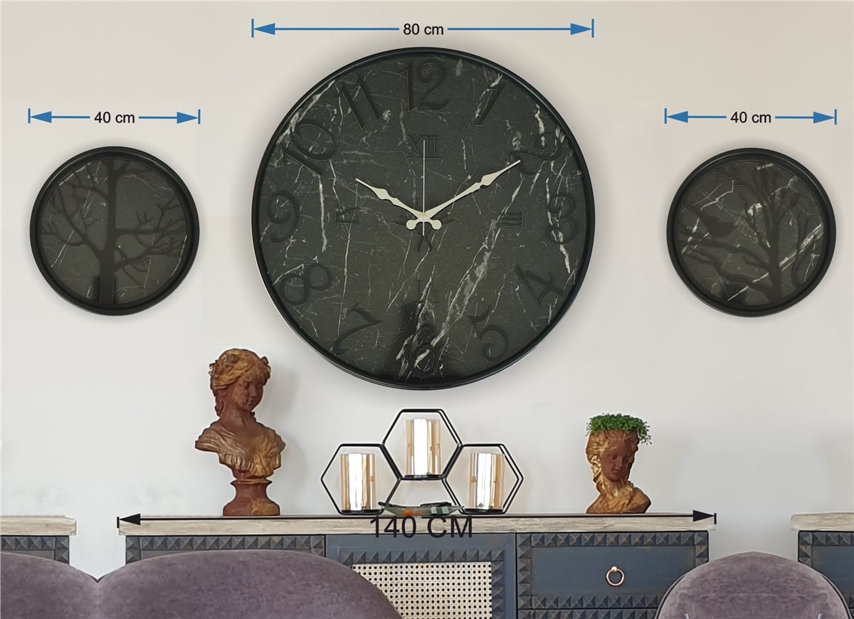 Markakanvas Metal Kasalı Mermer Desenli Duvar Saati ile Daldaki Kuş ve Hayat Ağacı Tablo